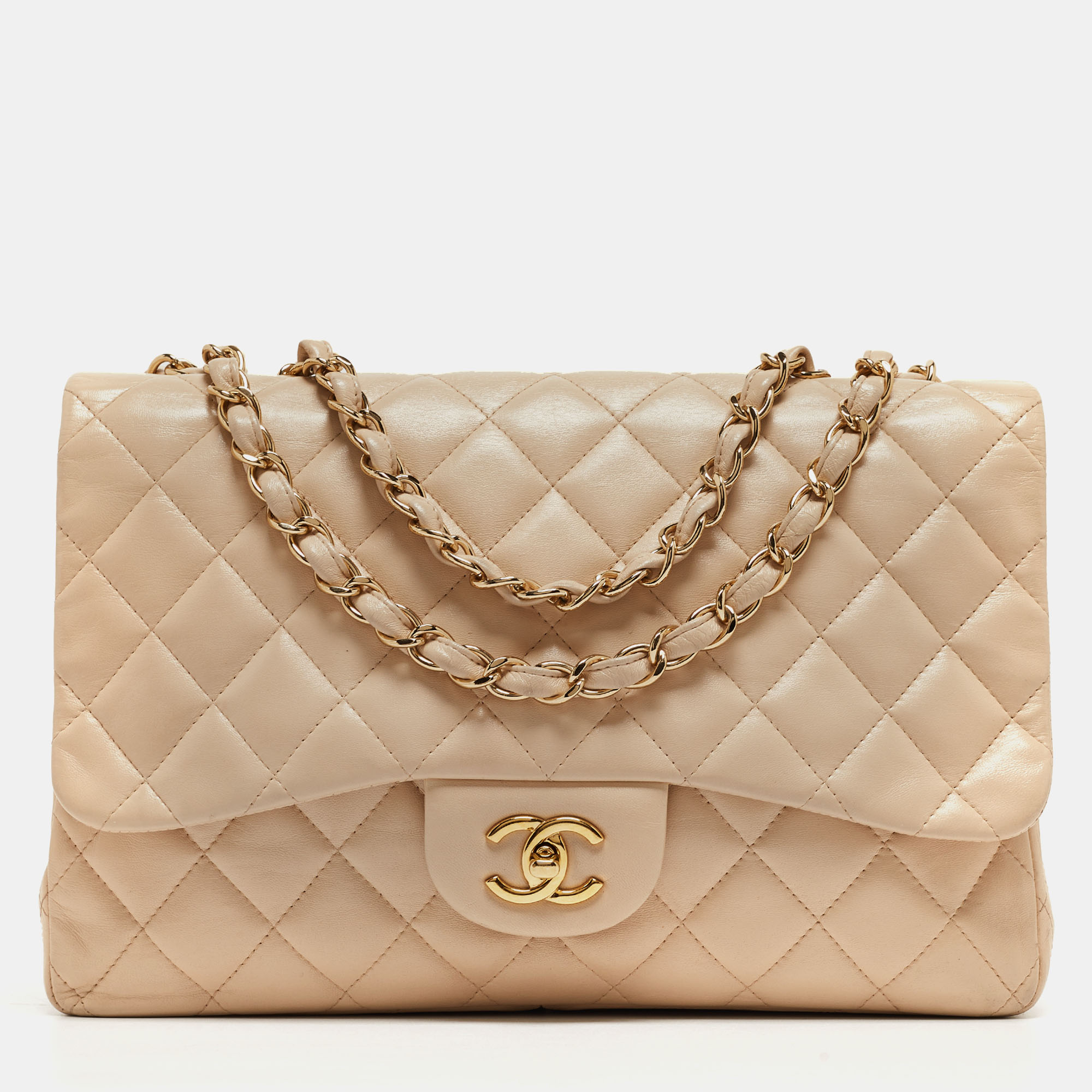 Pre Owned Chanel Beige Quilted Leather Jumbo Classic Single Flap Bag