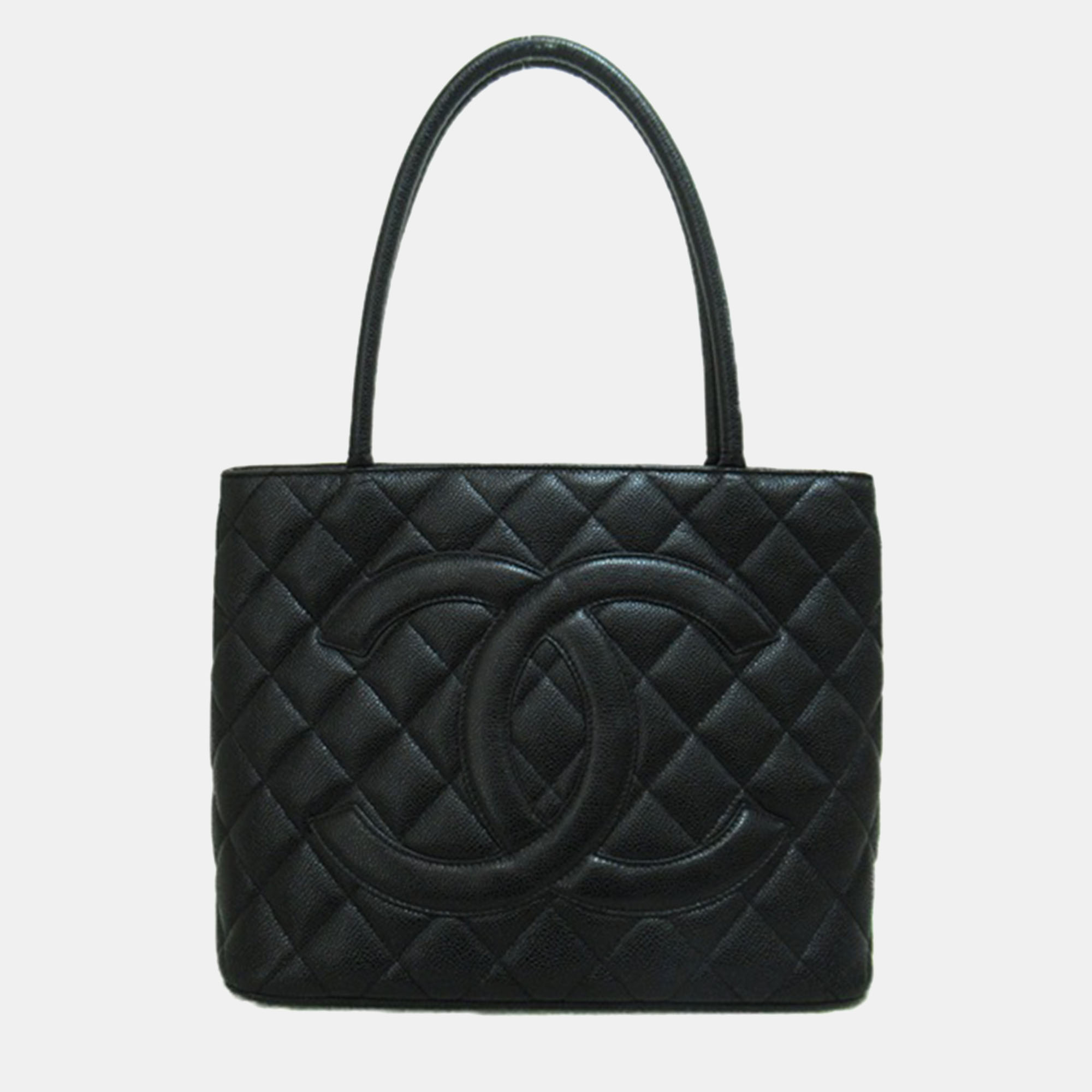 Pre-owned Chanel Black Leather Cc Caviar Medallion Tote Bag