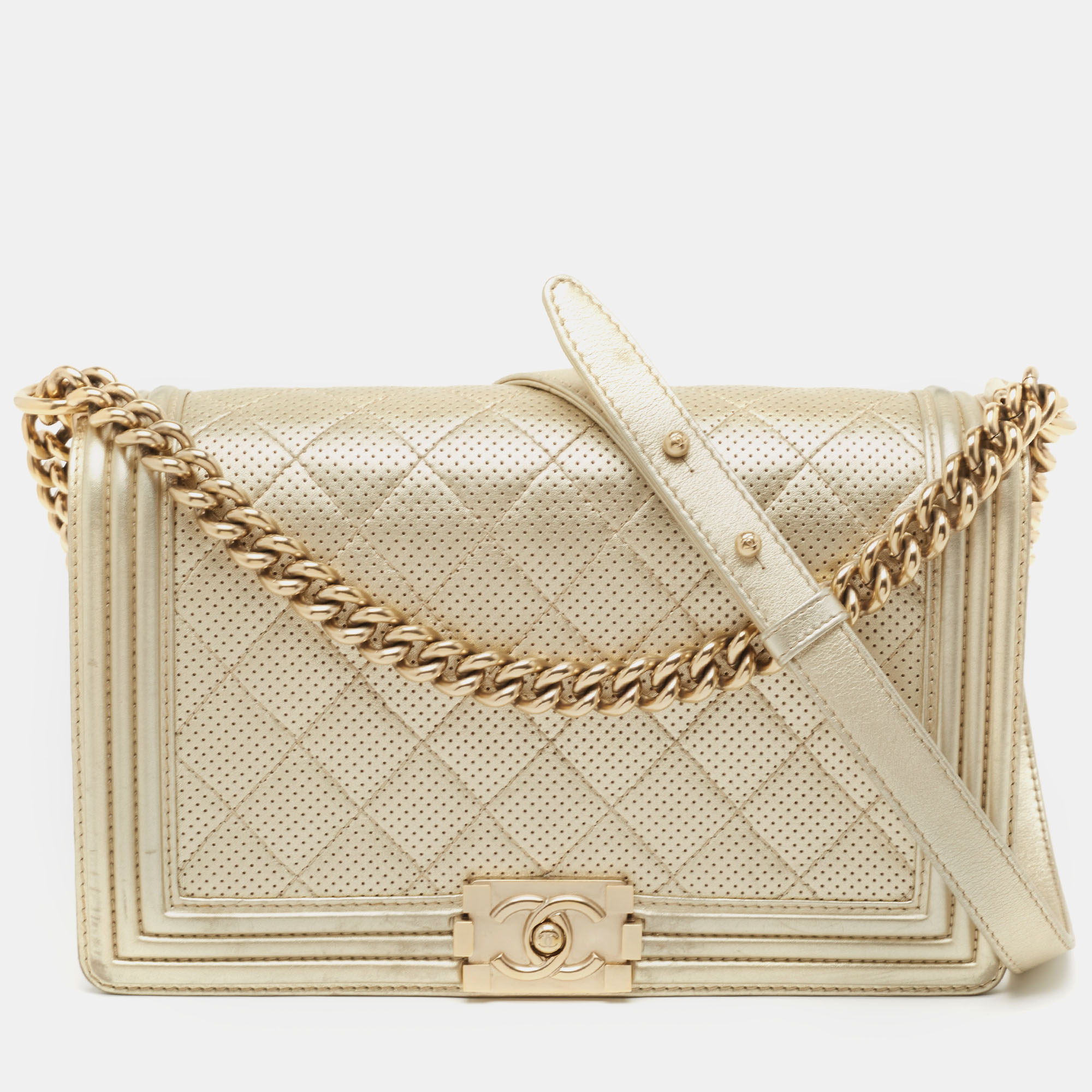 

Chanel Light Gold Perforated Leather New Medium Boy Flap Bag