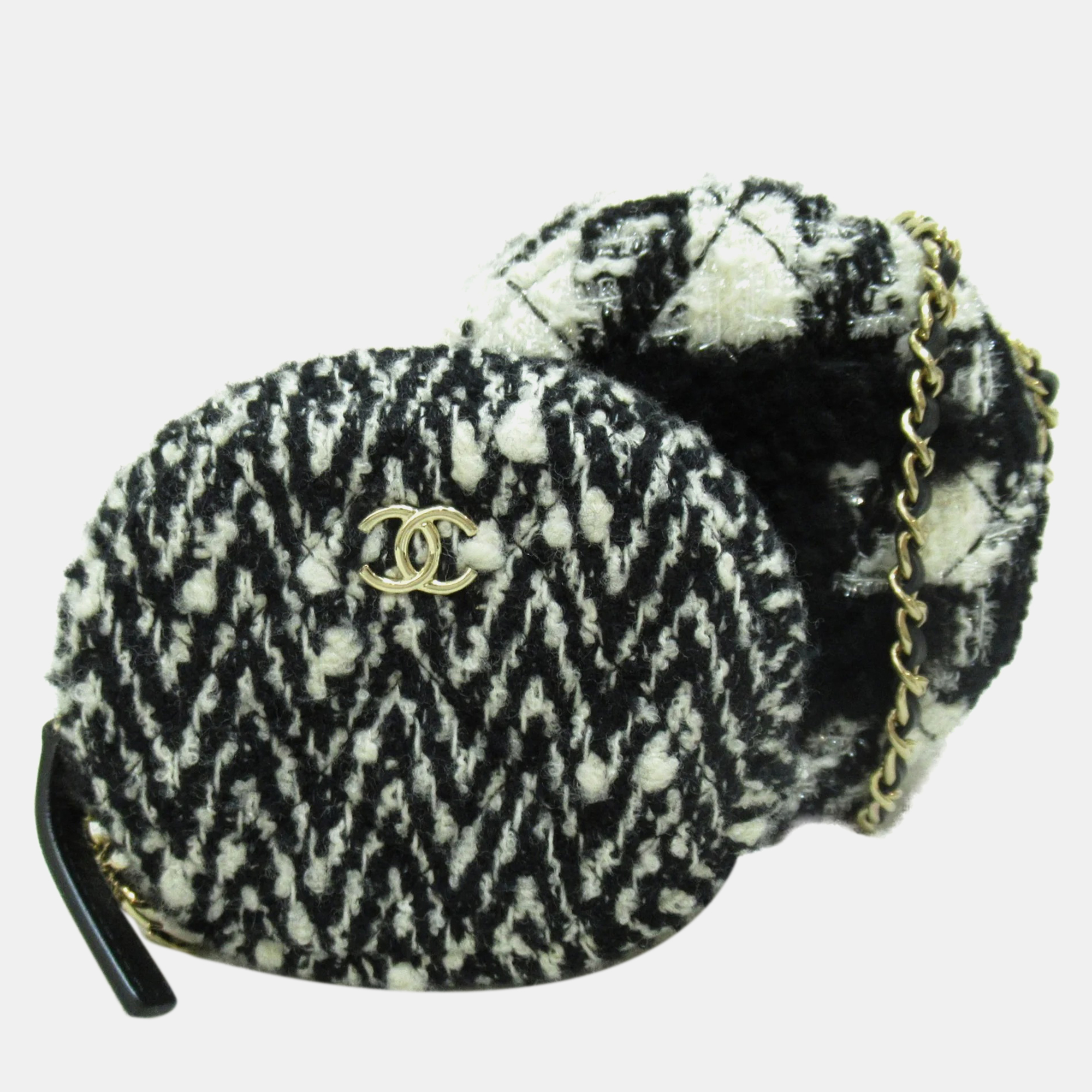 

CHANEL Tweed Shearling Round Clutch With Chain and Coin Purse, Black