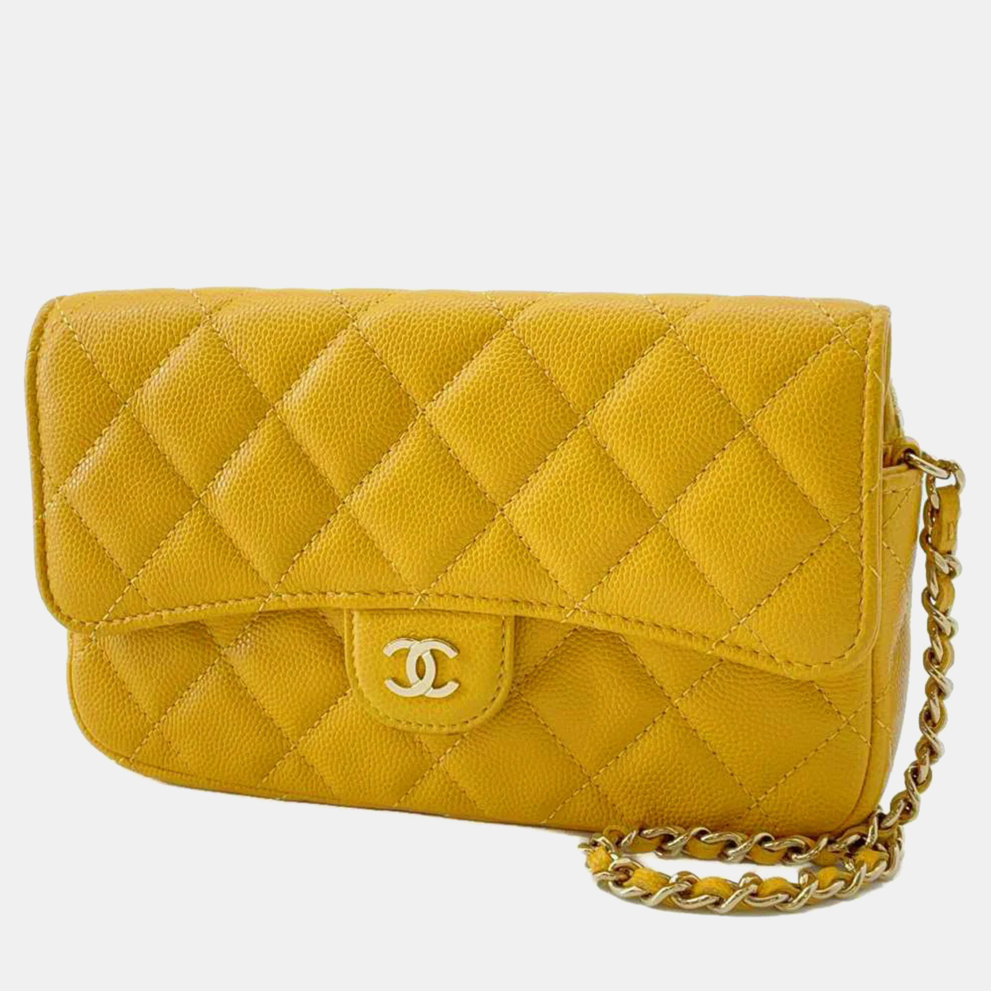 Pre-owned Chanel Yellow Soft Caviar Leather Flap Phone Case Chain Shoulder Bag