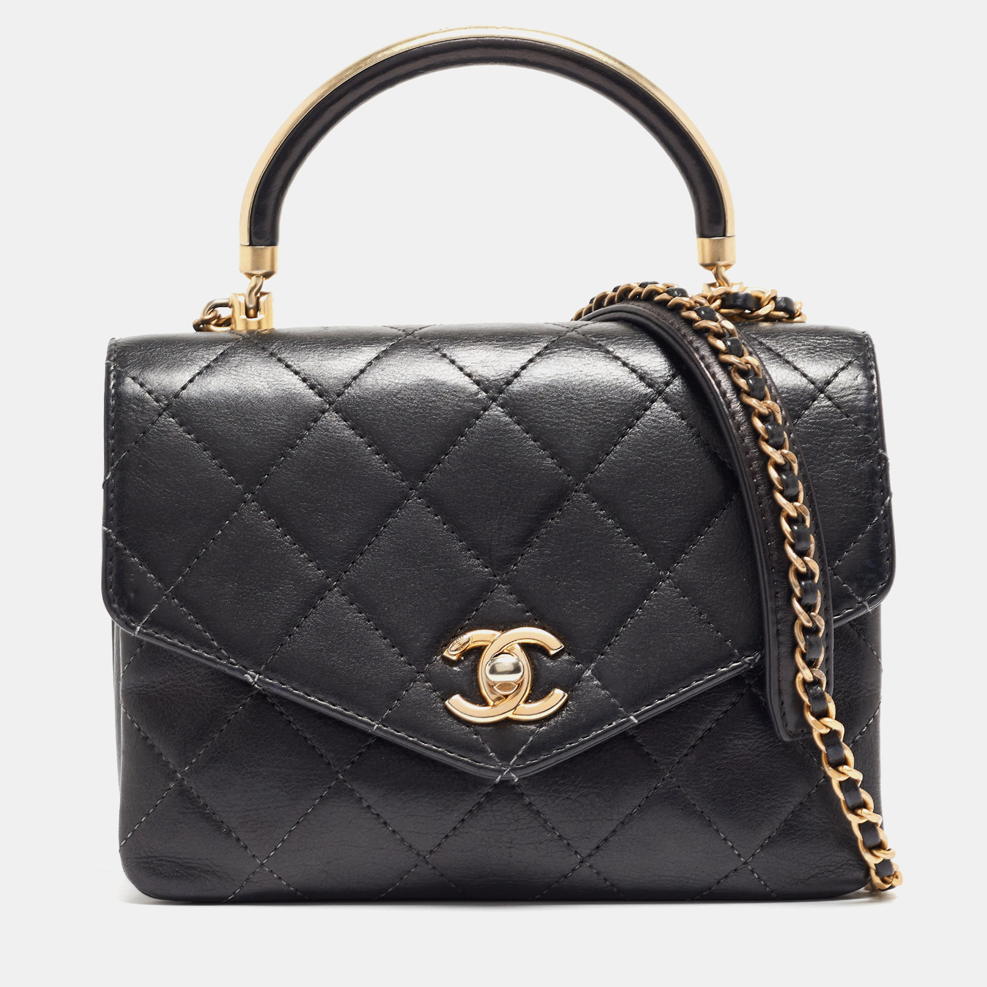 

Chanel Black Quilted Leather CC Gold Top Handle Bag