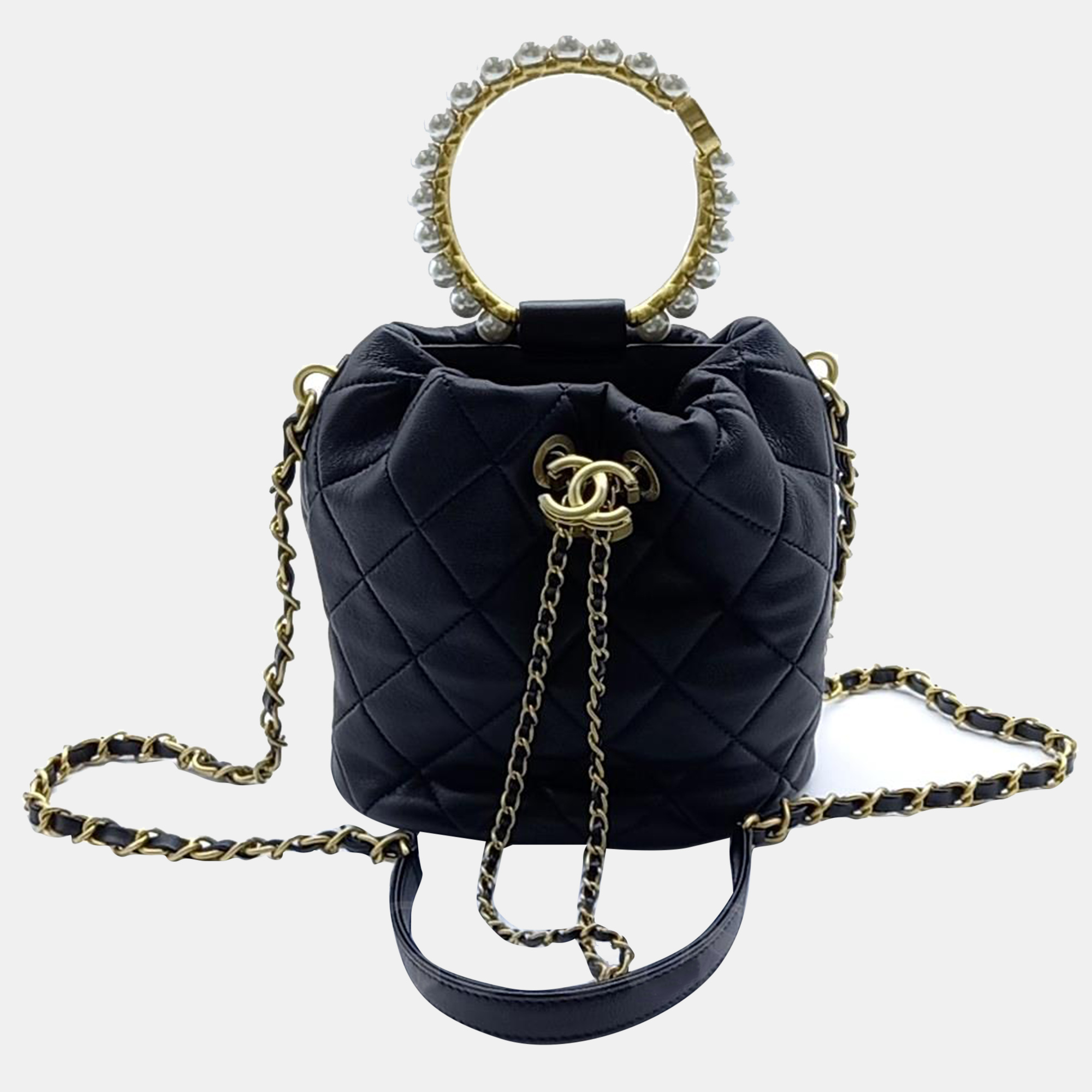 

Chanel Black Leather Pearl Top Handle Bucket Bag