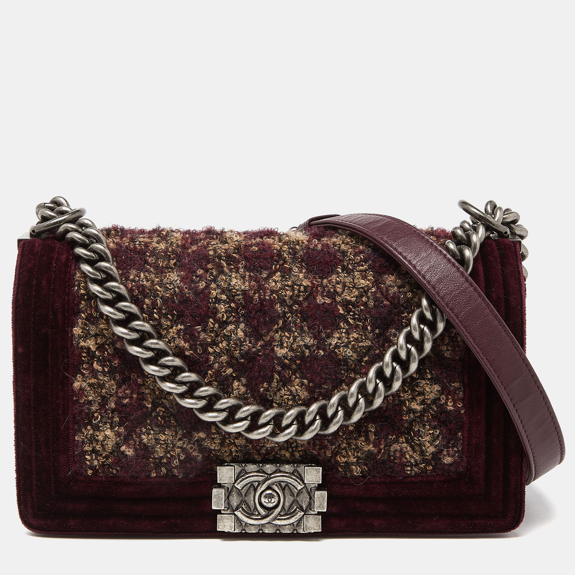 

Chanel Burgundy Quilted Tweed,Leather and Velvet  Boy Flap Bag