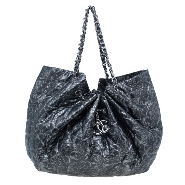 Pre Owned Chanel Metallic Grey Leather Large Hobo