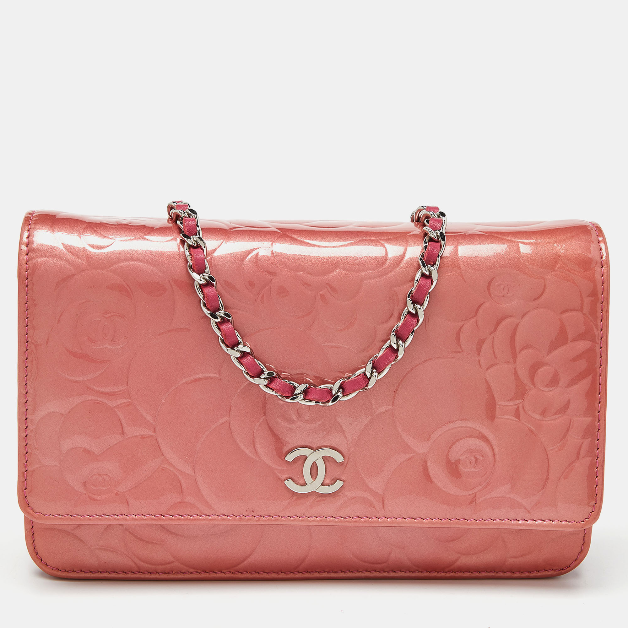 Pre-owned Chanel Pink Camellia Patent And Leather Wallet On Chain