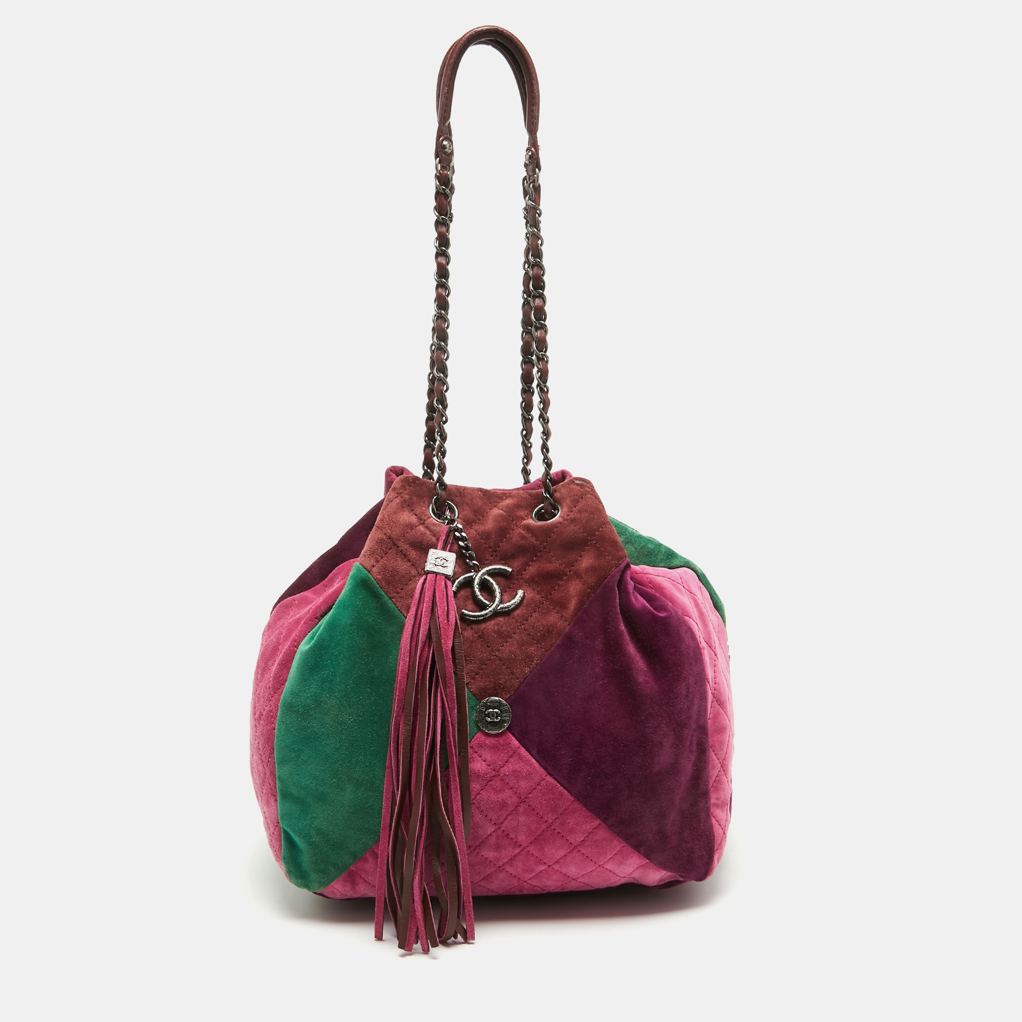 Pre-owned Chanel Multicolor Quilted Suede Patchwork Drawstring Bucket Bag