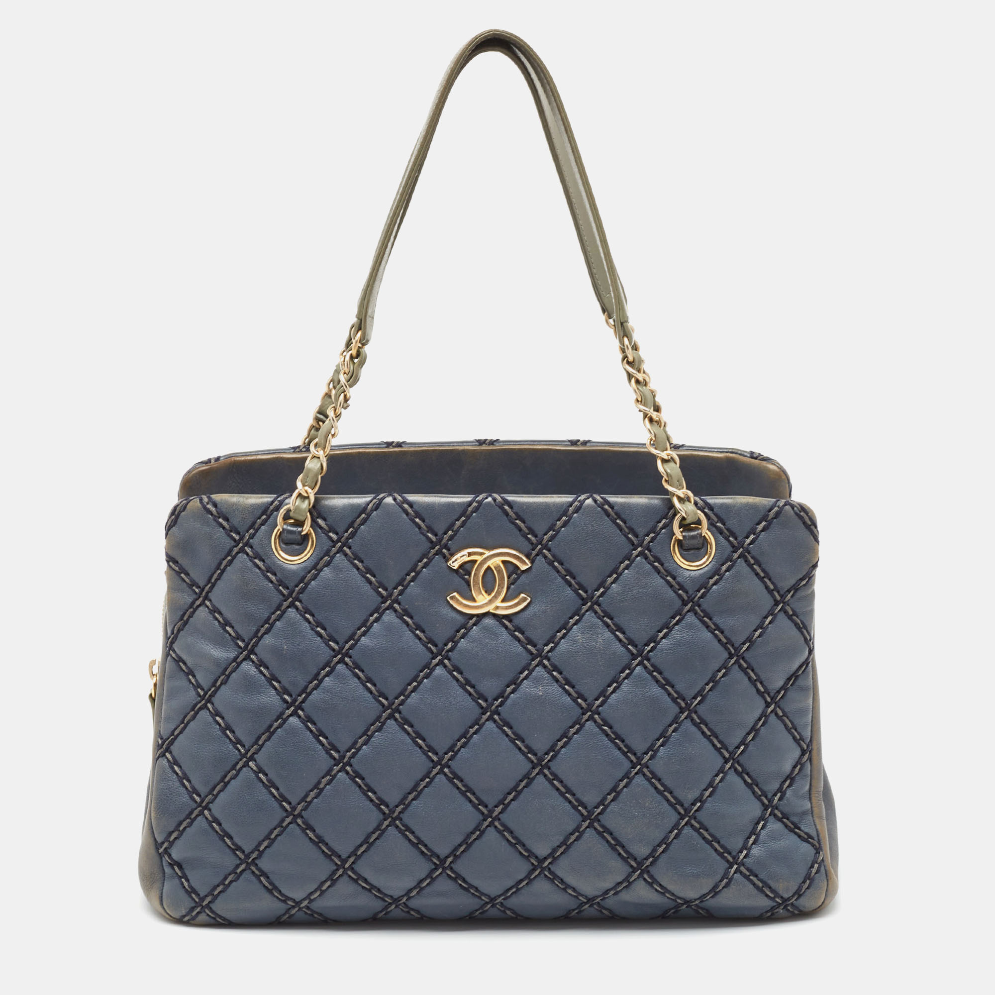 Pre-owned Chanel Blue Quilted Wild Stitched Leather Chain Tote