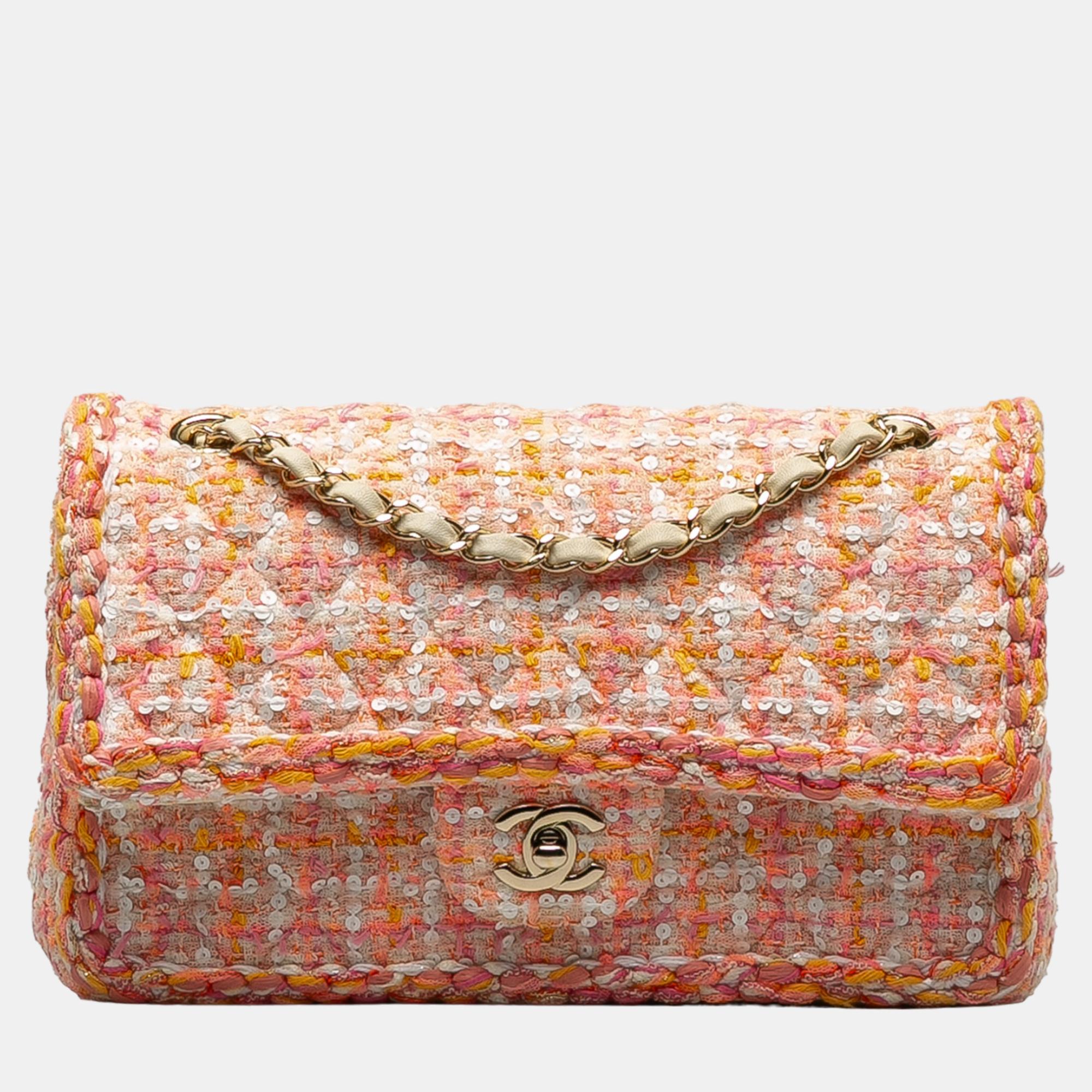 Pre-owned Chanel Pink Medium Braided Classic Sequin Tweed Flap