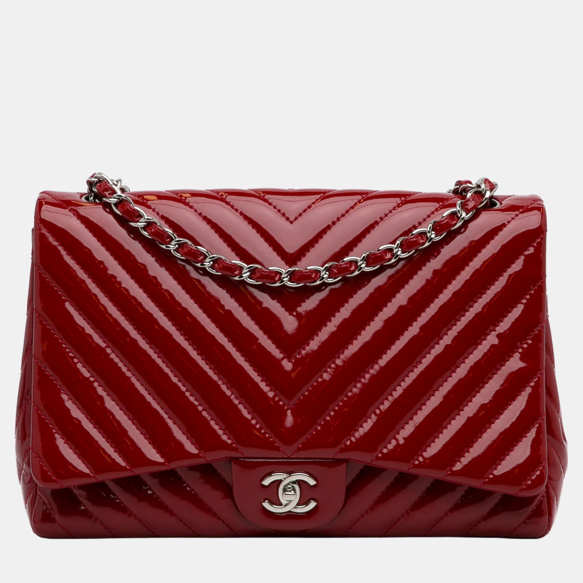 Pre-owned Chanel Red Jumbo Chevron Patent Single Flap