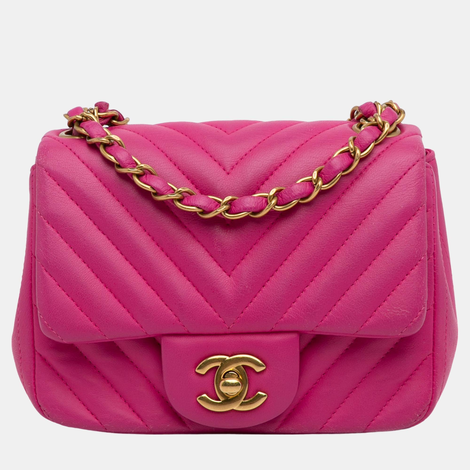 

Chanel Pink Mini Square Classic Lambskin Chevron Flap