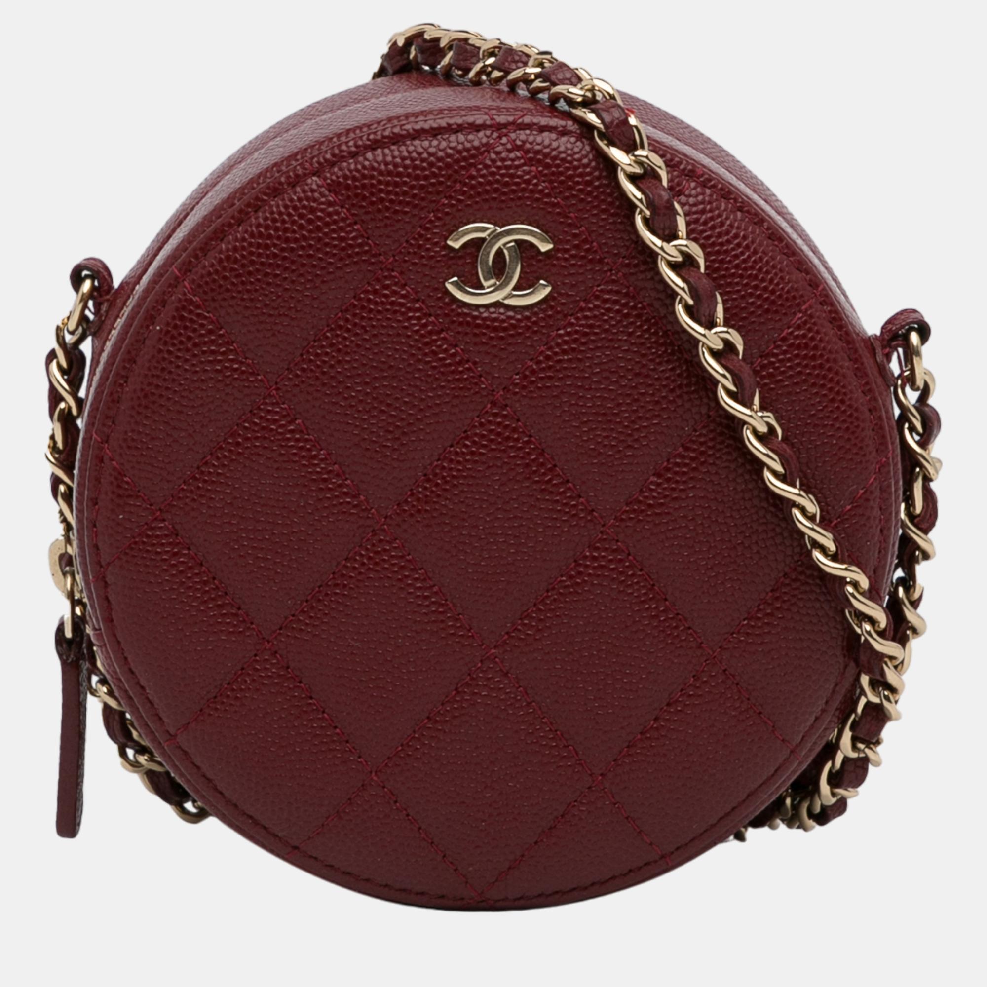 Pre-owned Chanel Red Quilted Caviar Round Clutch With Chain