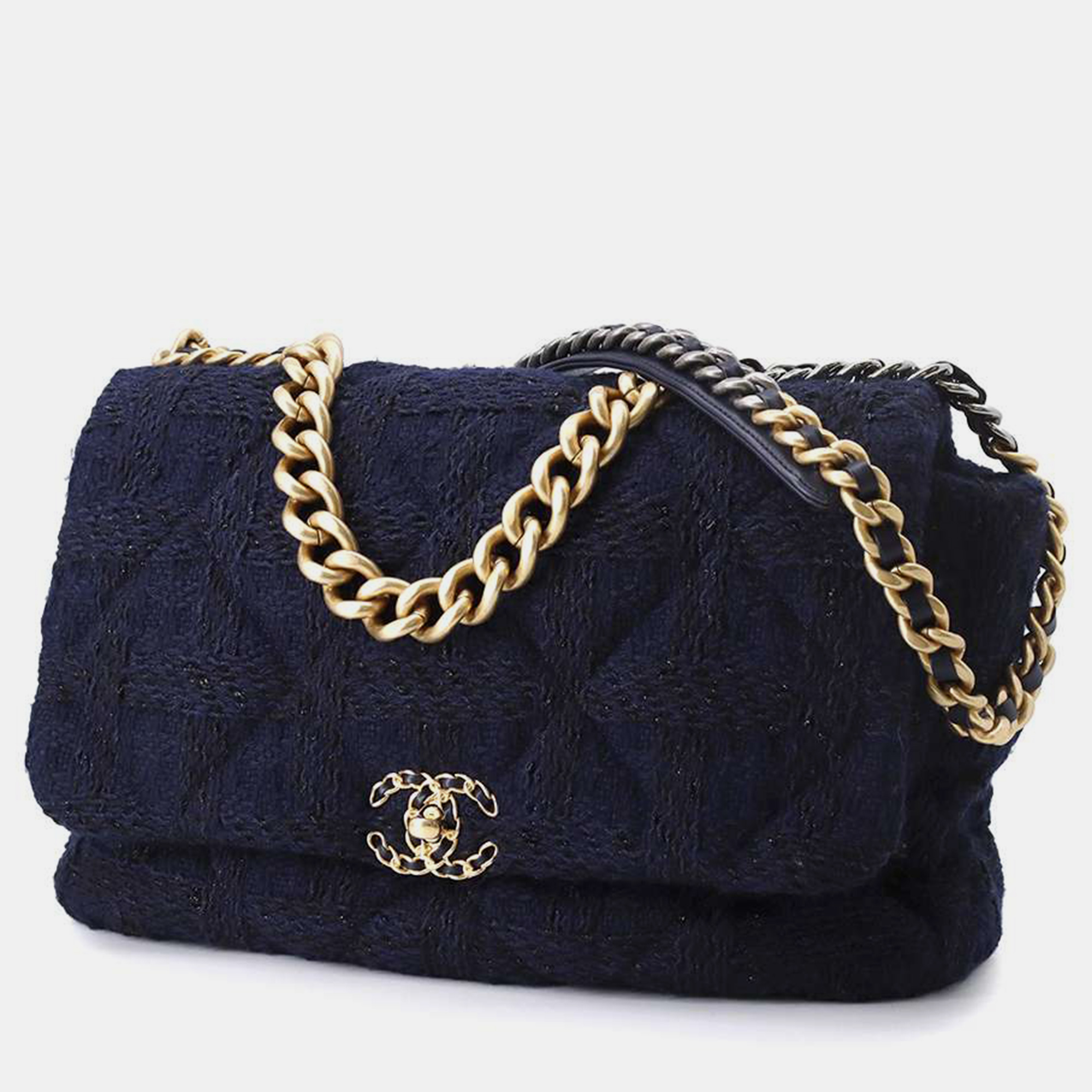 

Chanel Blue Tweed Maxi Flap 19 Bag, Navy blue