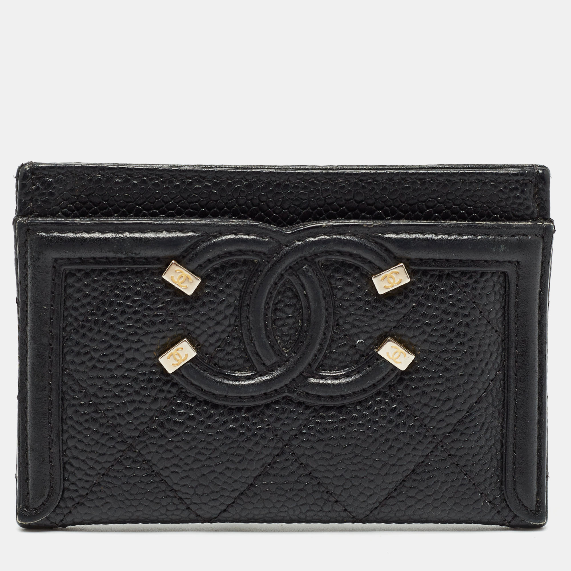 Pre-owned Chanel Black Caviar Leather Cc Filigree Card Holder
