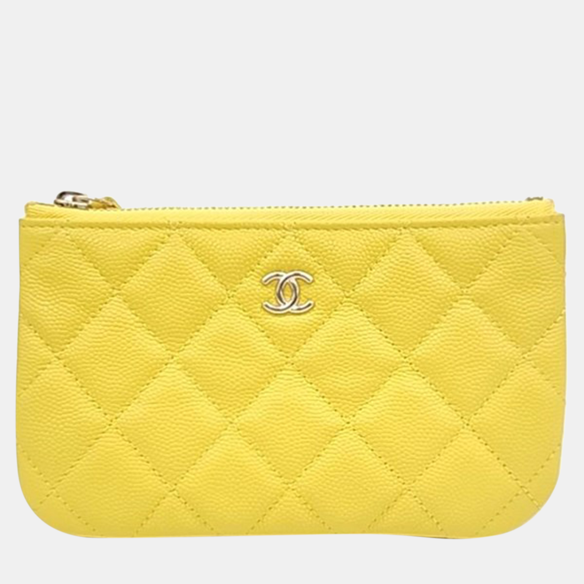 Pre-owned Chanel Caviar Mini Pouch In Yellow
