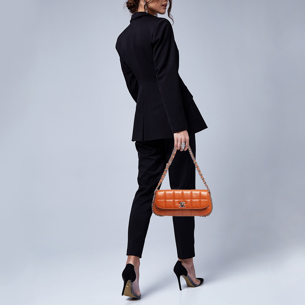 

Chanel Orange Chocolate Bar Leather Triple Chain Flap Bag