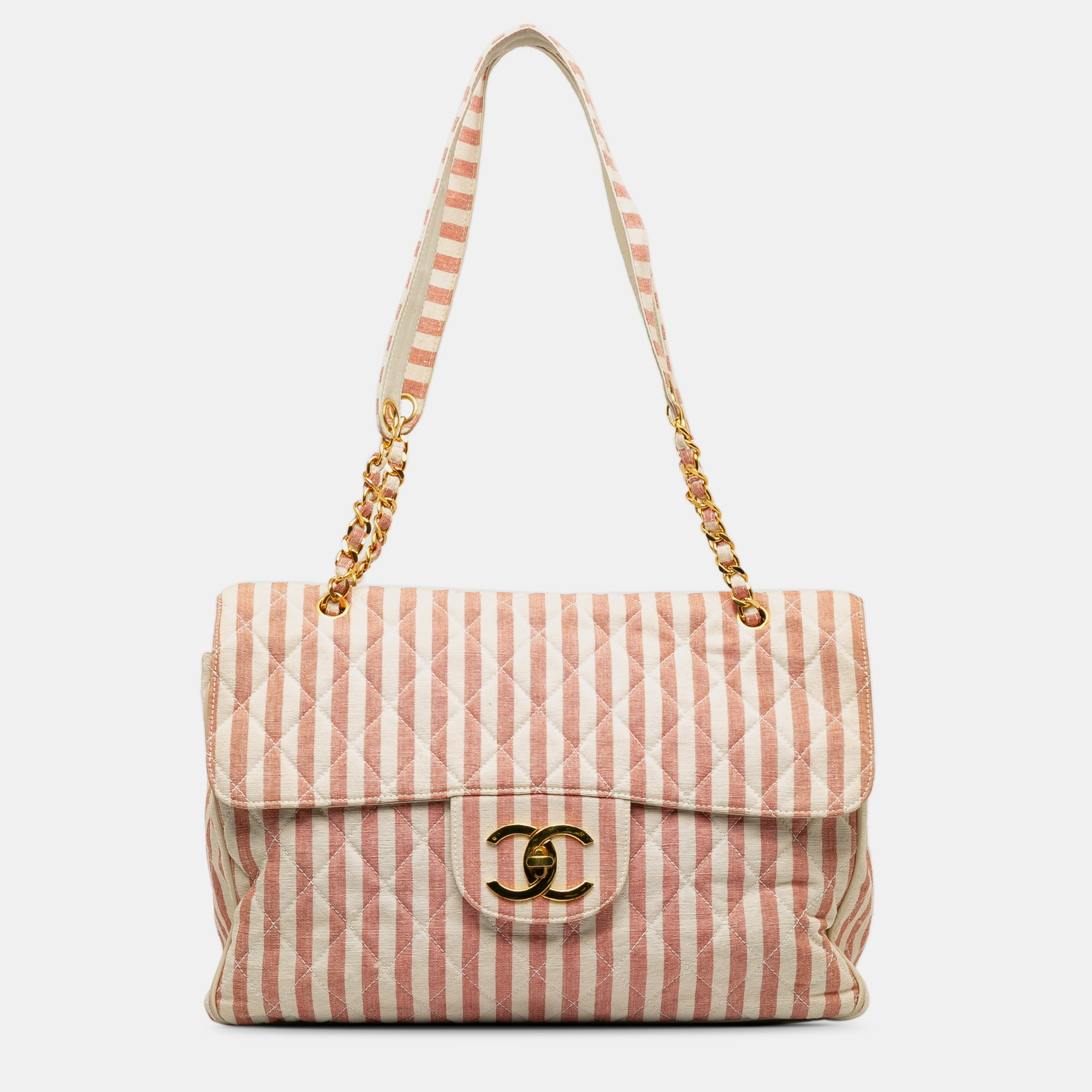 

Chanel Striped Linen  Travel Flap Bag, Red