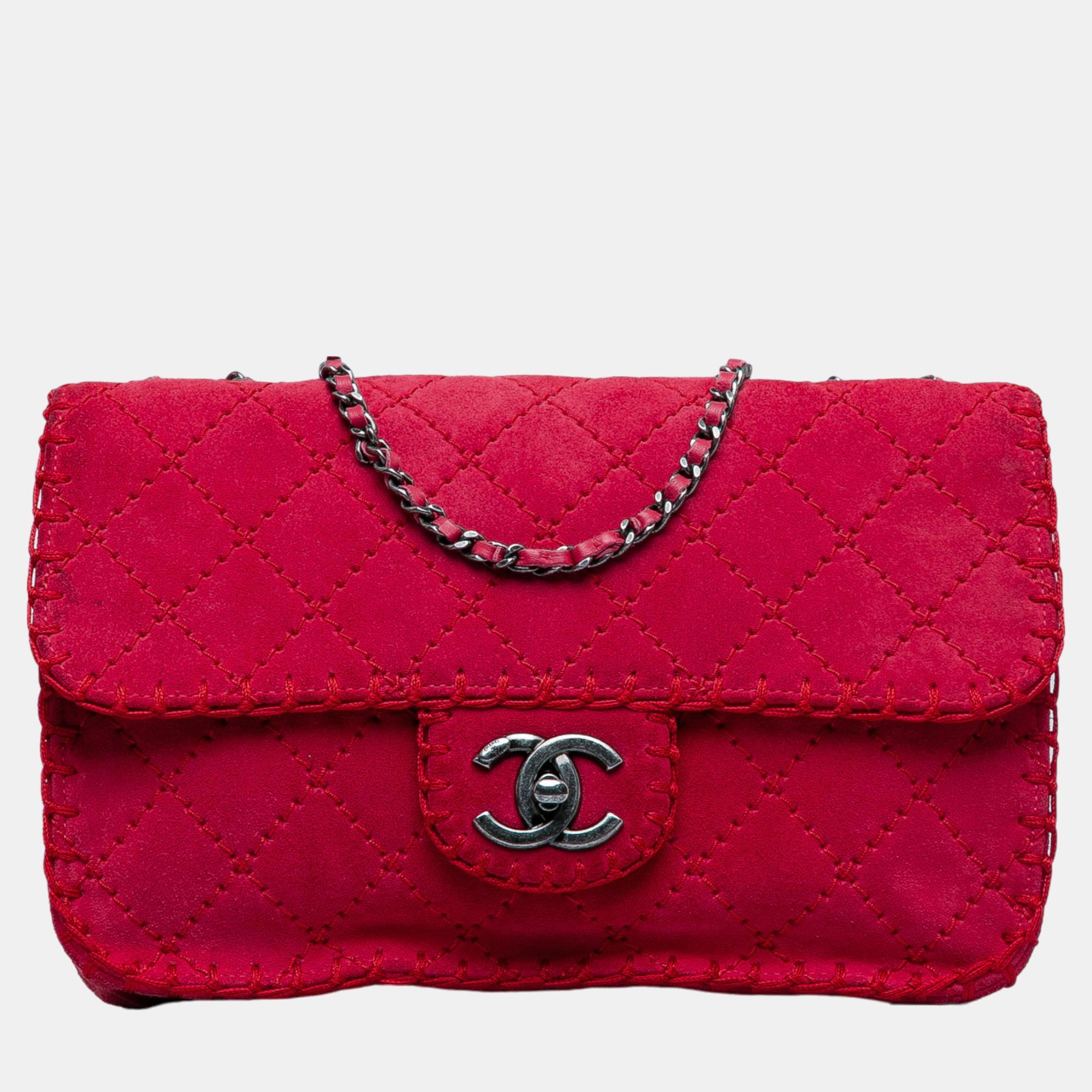 

Chanel Pink Medium Quilted Suede Stitched Single Flap