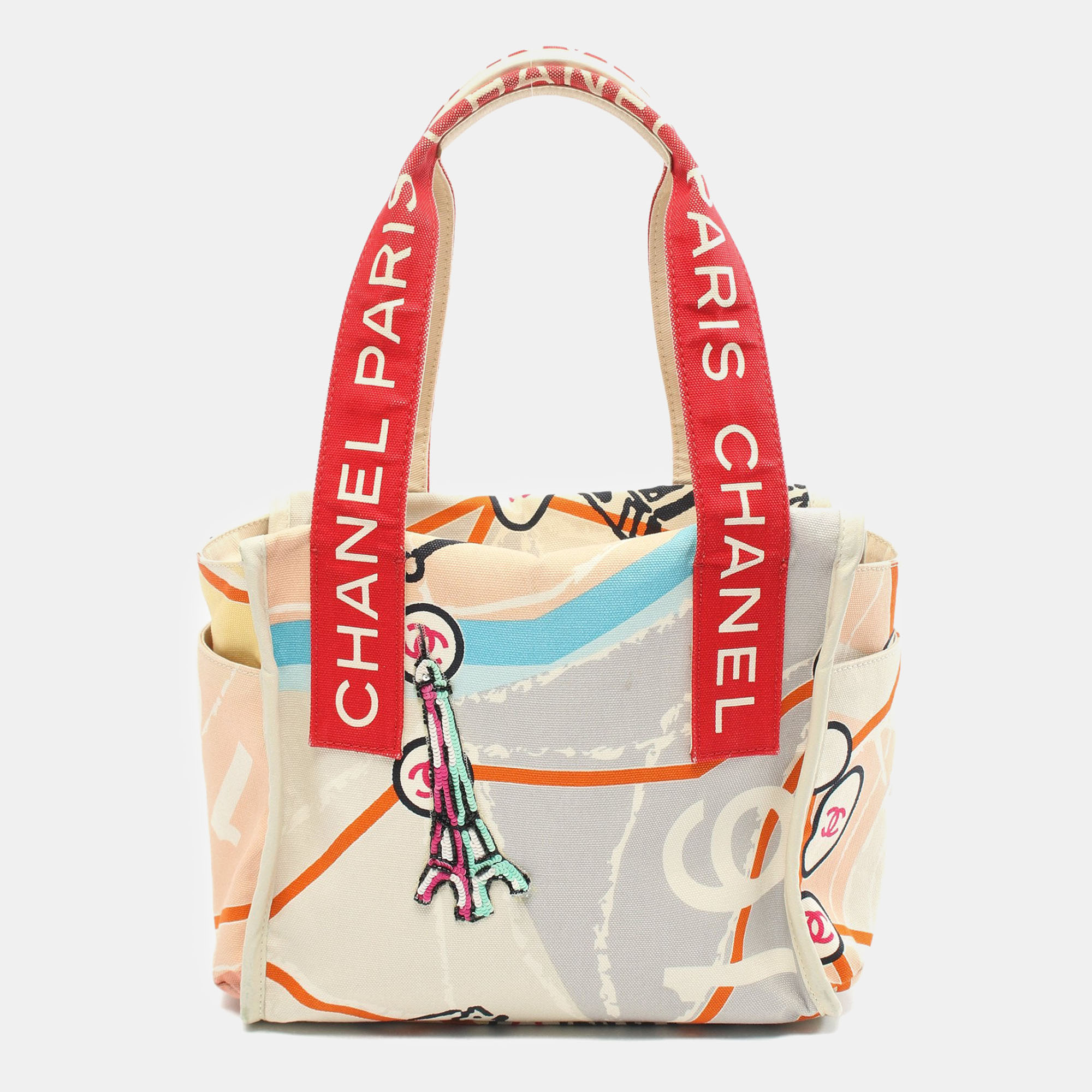 

Chanel Cruise Line Paris Map Handbag Tote bag Canvas Leather Light gray Red Multicolor