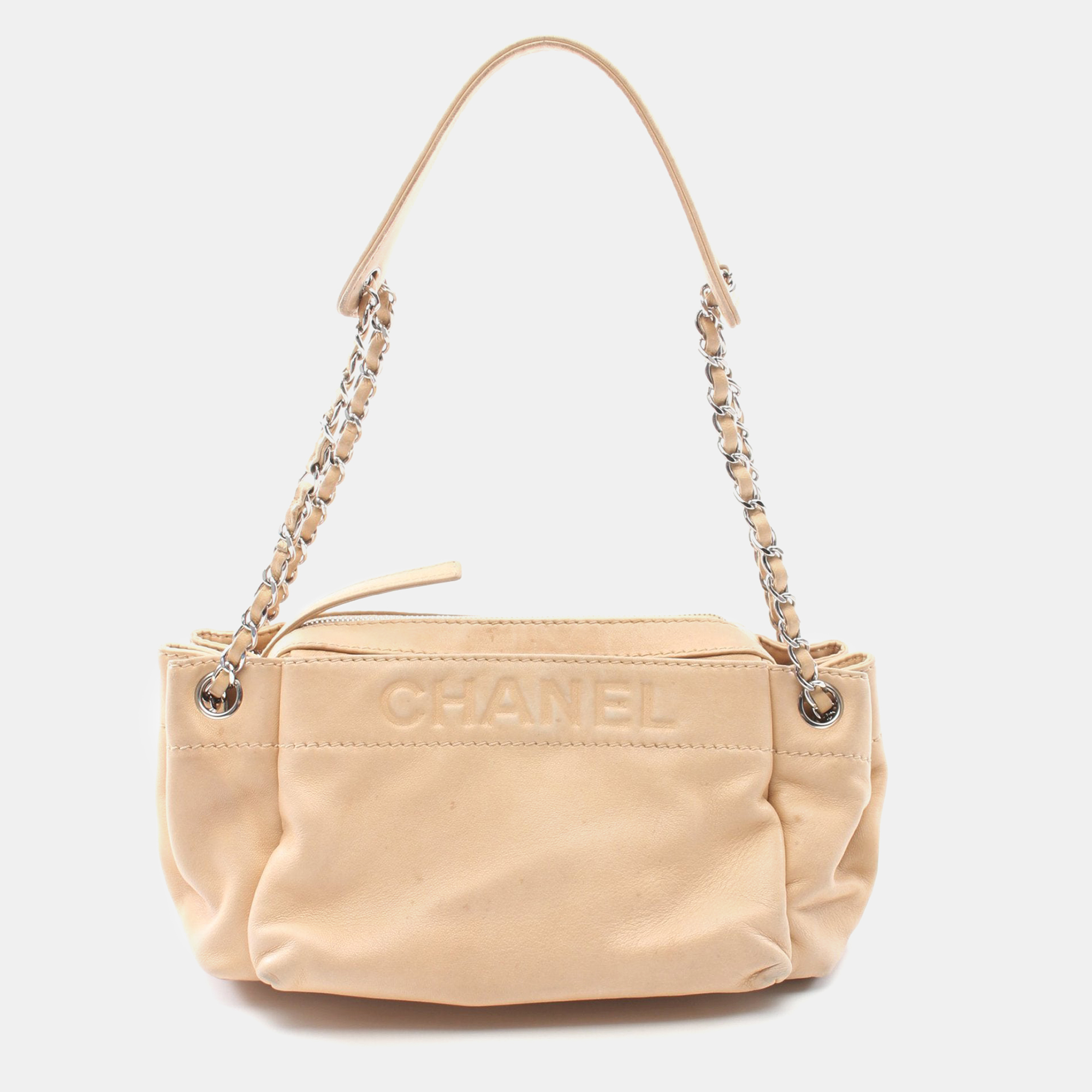Pre-owned Chanel Chain Shoulder Bag Logo Calf Sv Chain Shoulder Bag Lambskin Beige Silver Hardware Logo