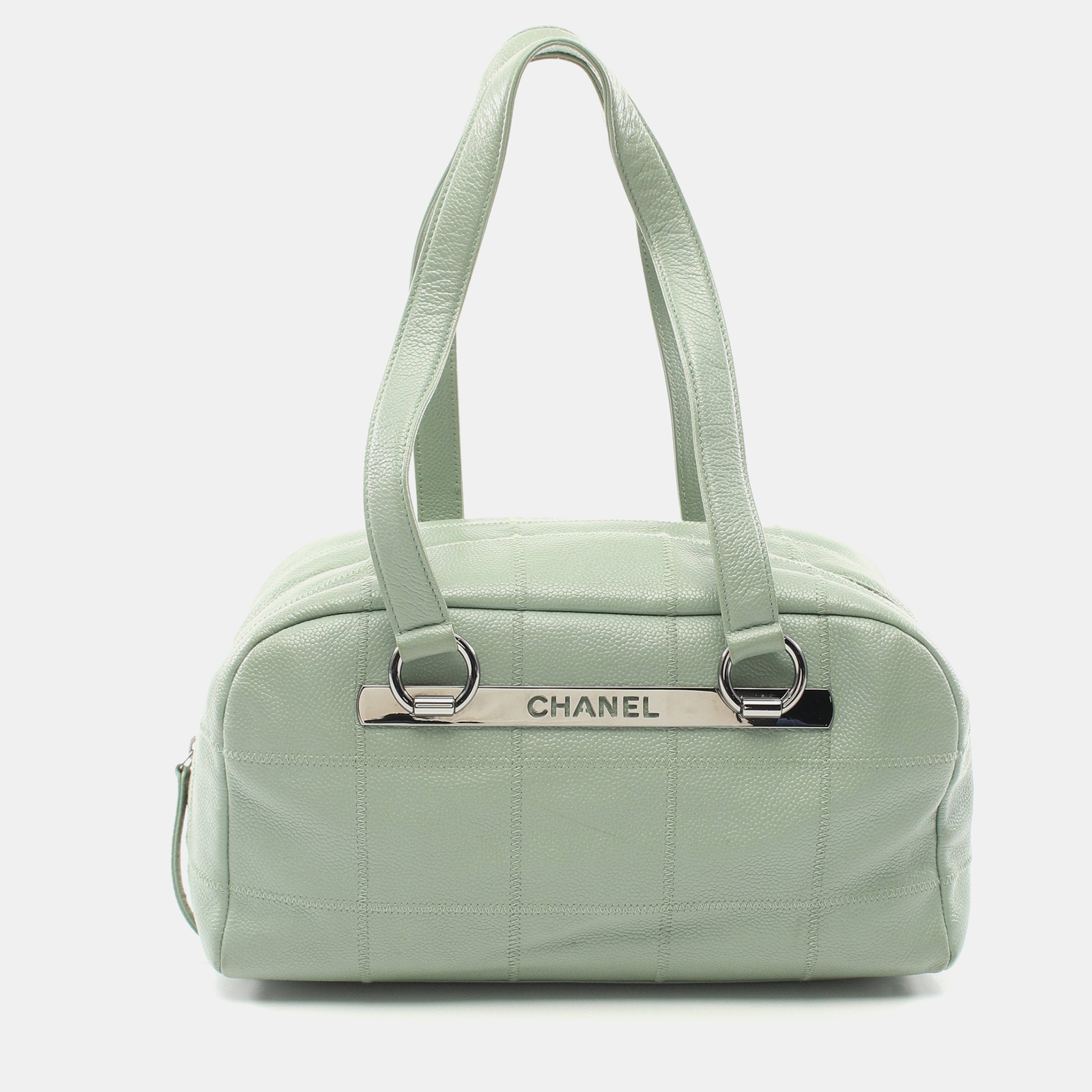 Pre-owned Chanel Chocolate Bar Shoulder Bag Caviar Skin Light Green Silver Hardware