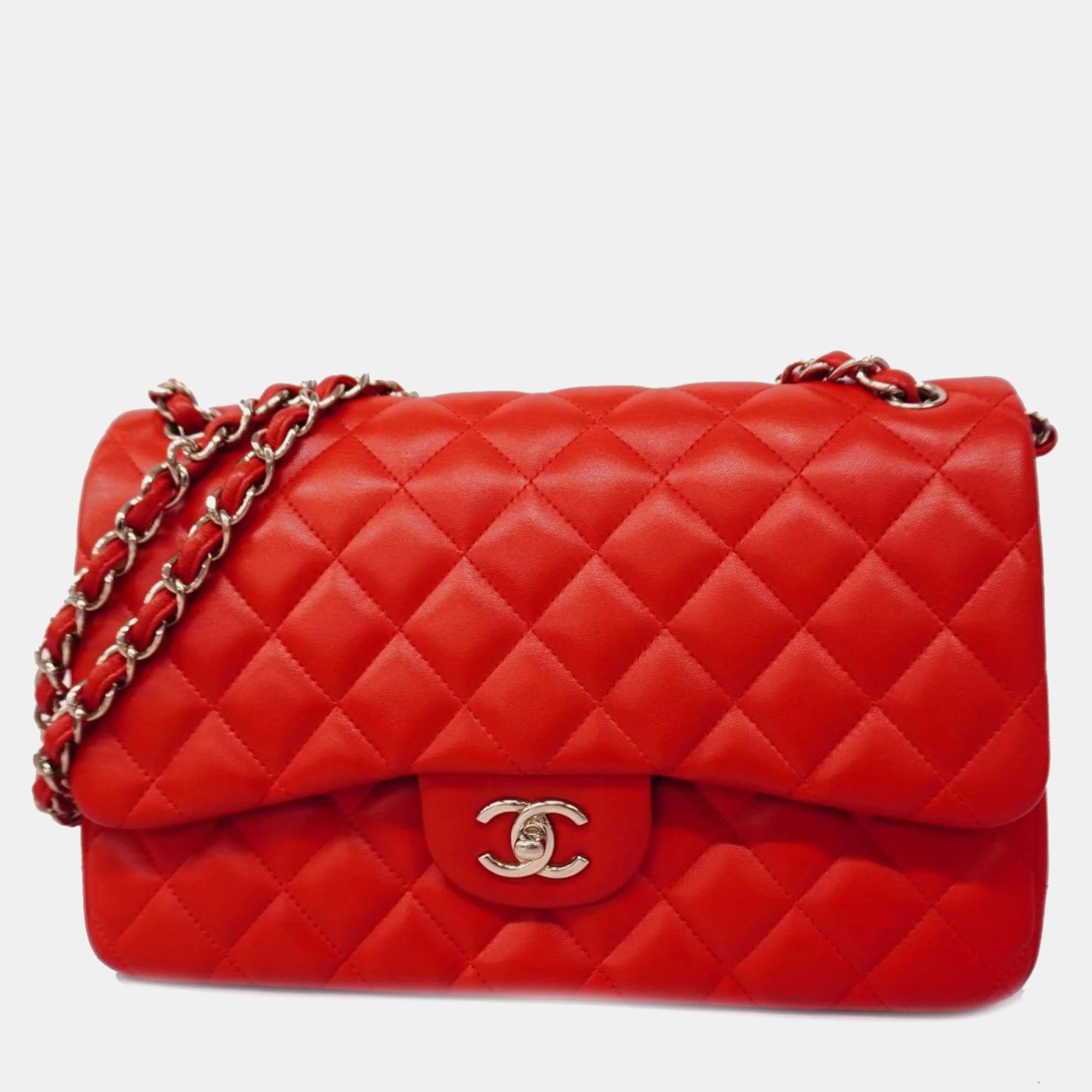 

Chanel Lambskin Leather Jumbo Classic Double Flap Shoulder Bags, Red