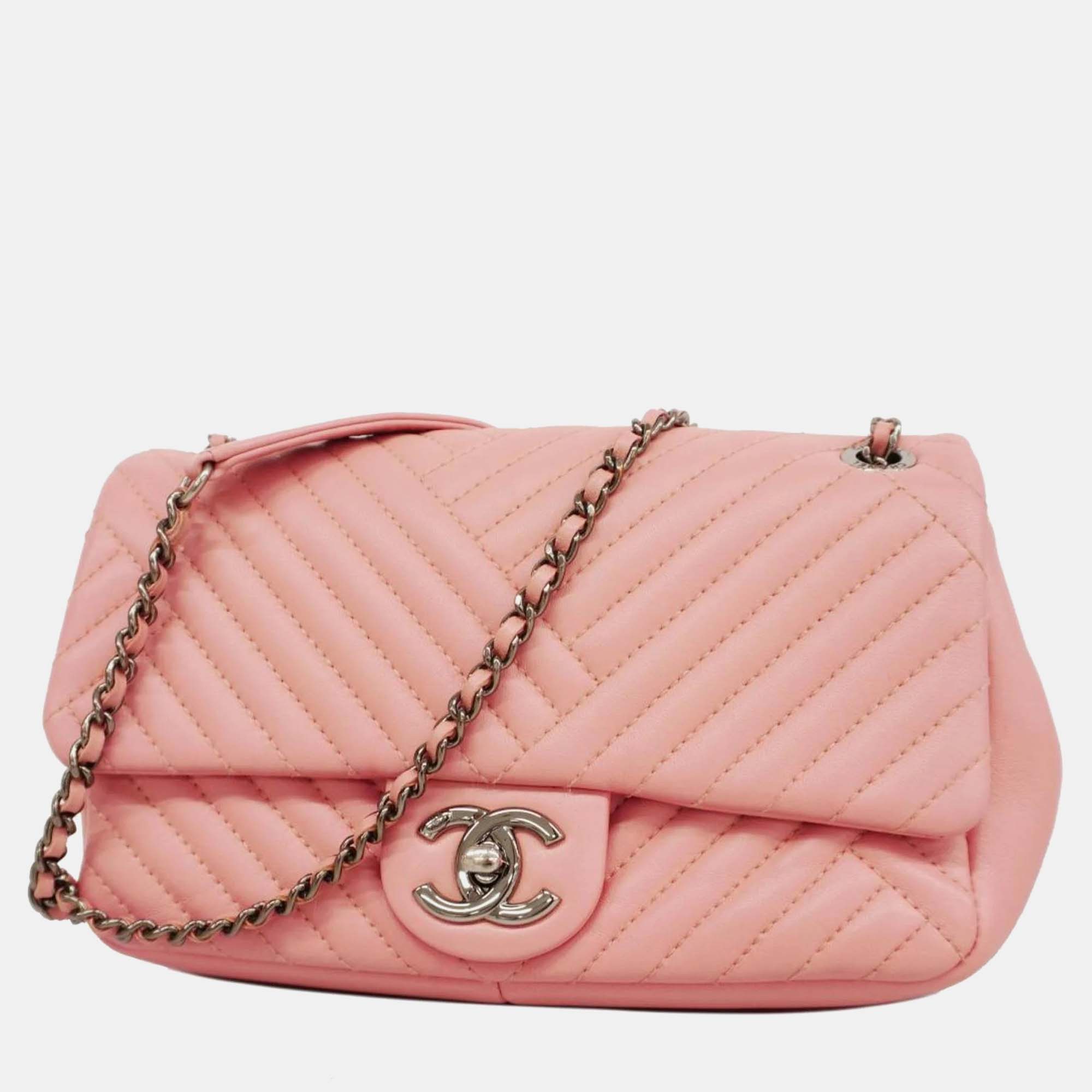 

Chanel Pink Chevron Lambskin Medium CC Crossing Flap Bag