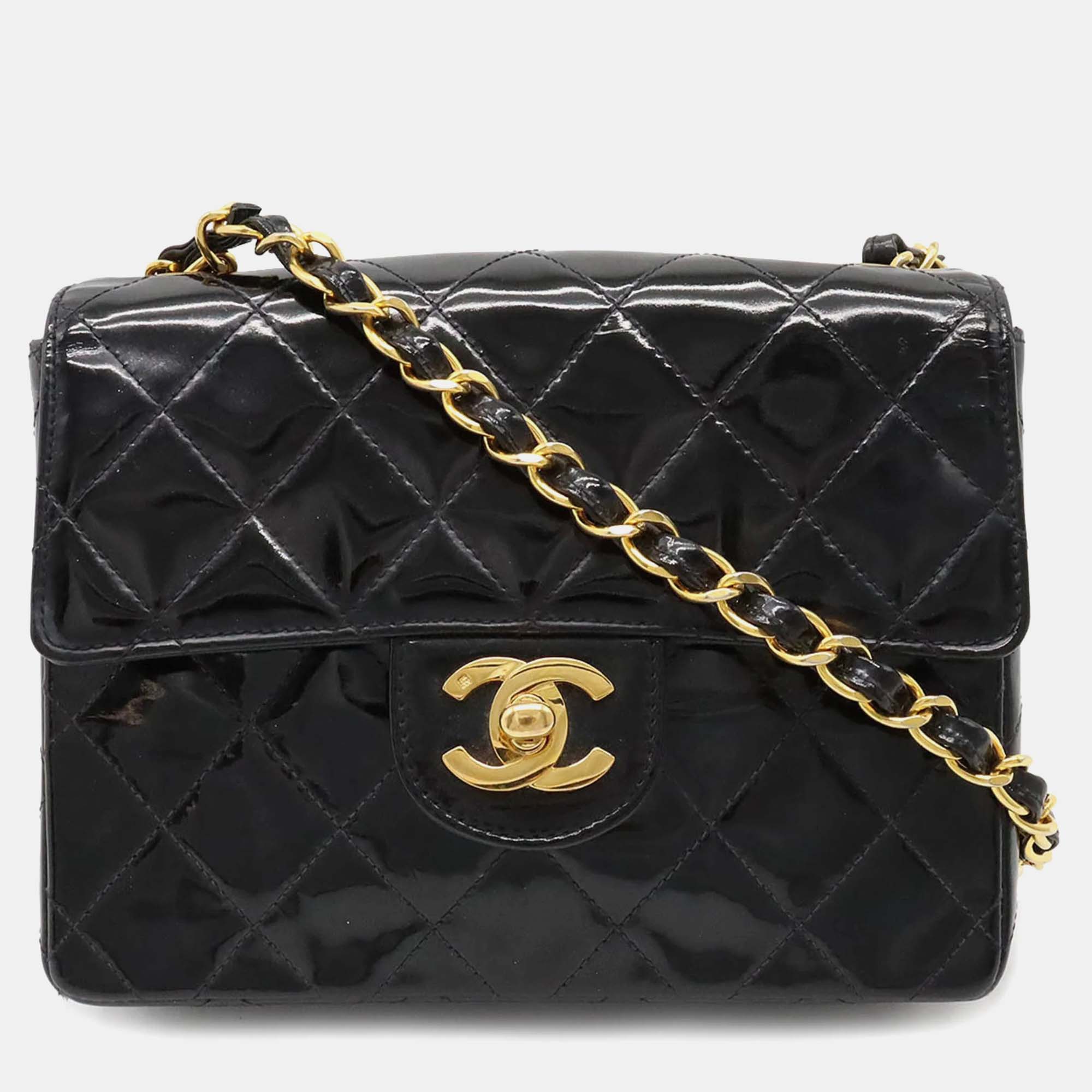 

CHANEL Patent Classic Mini Square Flap Bag, Black