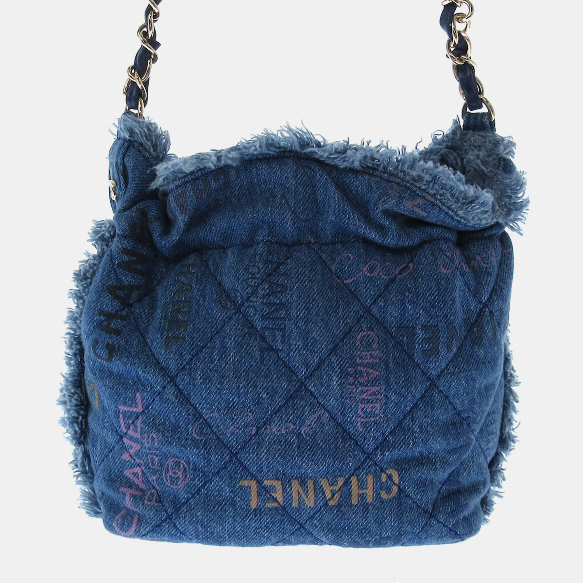 

Chanel Blue Denim Logo Printed Quilted Mini Mood Bucket Bag