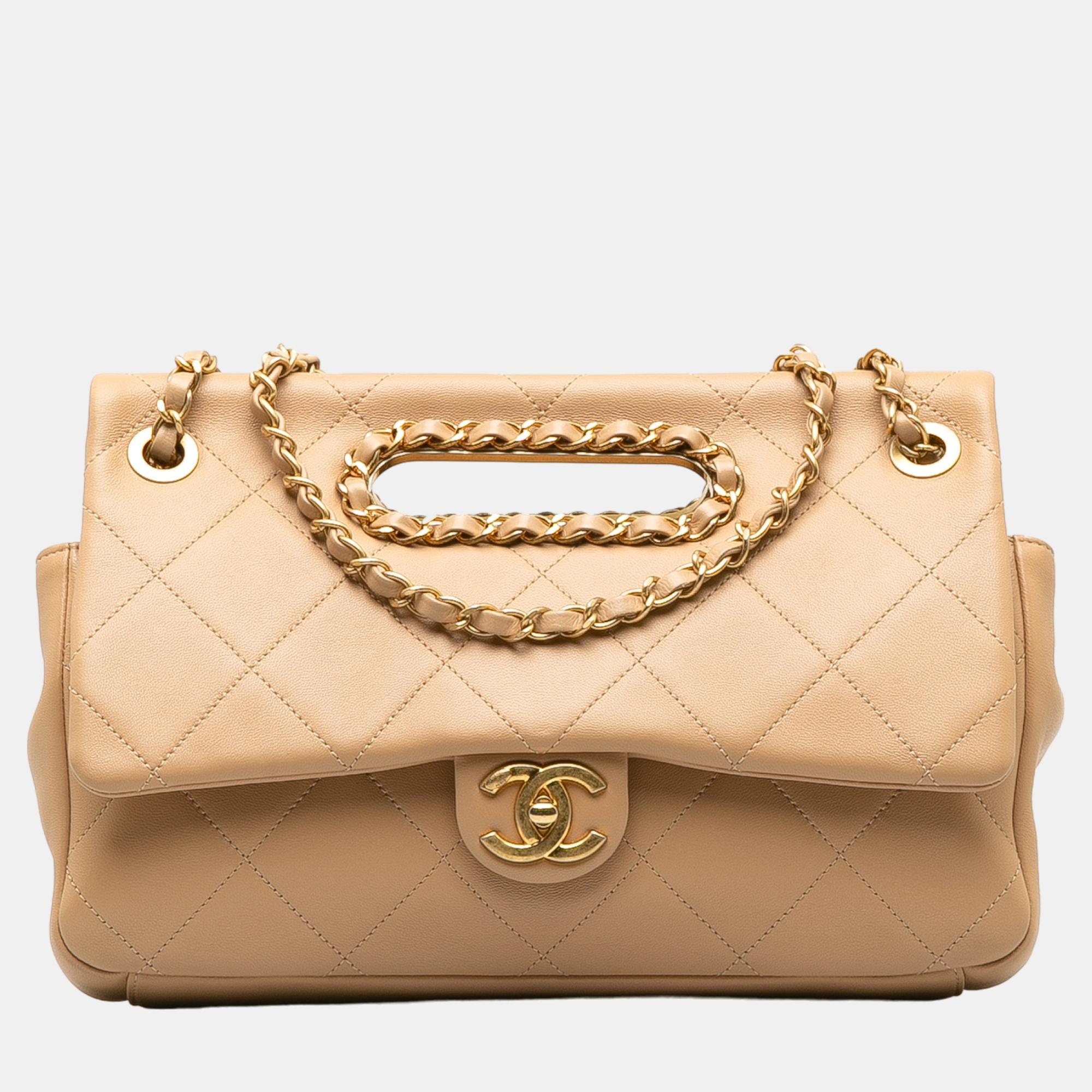 

Chanel Beige A Real Catch Lambskin Satchel