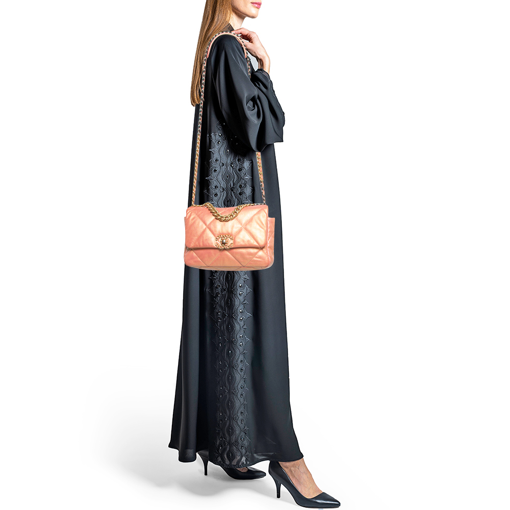 

Chanel Orange Iridescent Quilted Leather Medium 19 Flap Bag