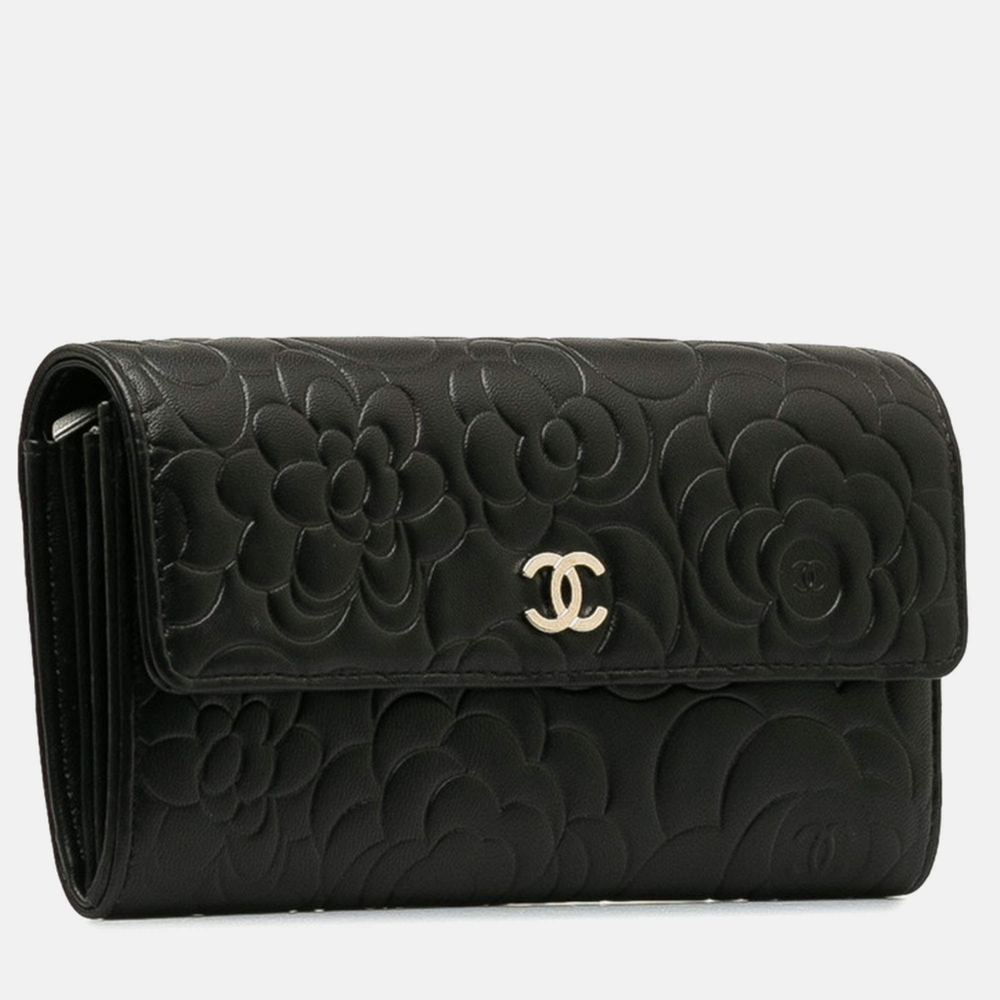 

Chanel Black Leather Camellia Flap Wallet