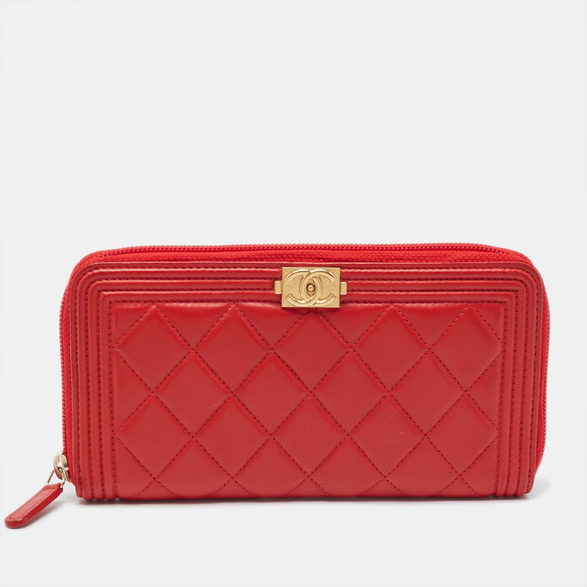 

Chanel Red Quilted Leather Boy Zip Around Wallet