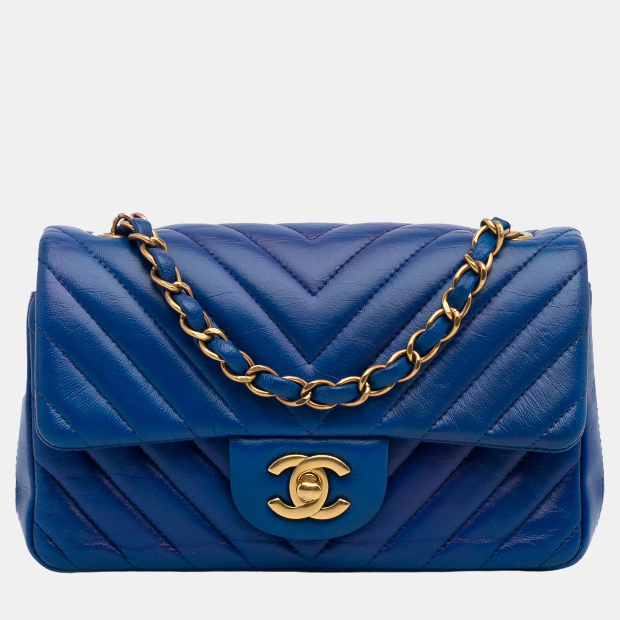 

Chanel Blue Mini Chevron Quilted Lambskin Rectangular Flap Bag
