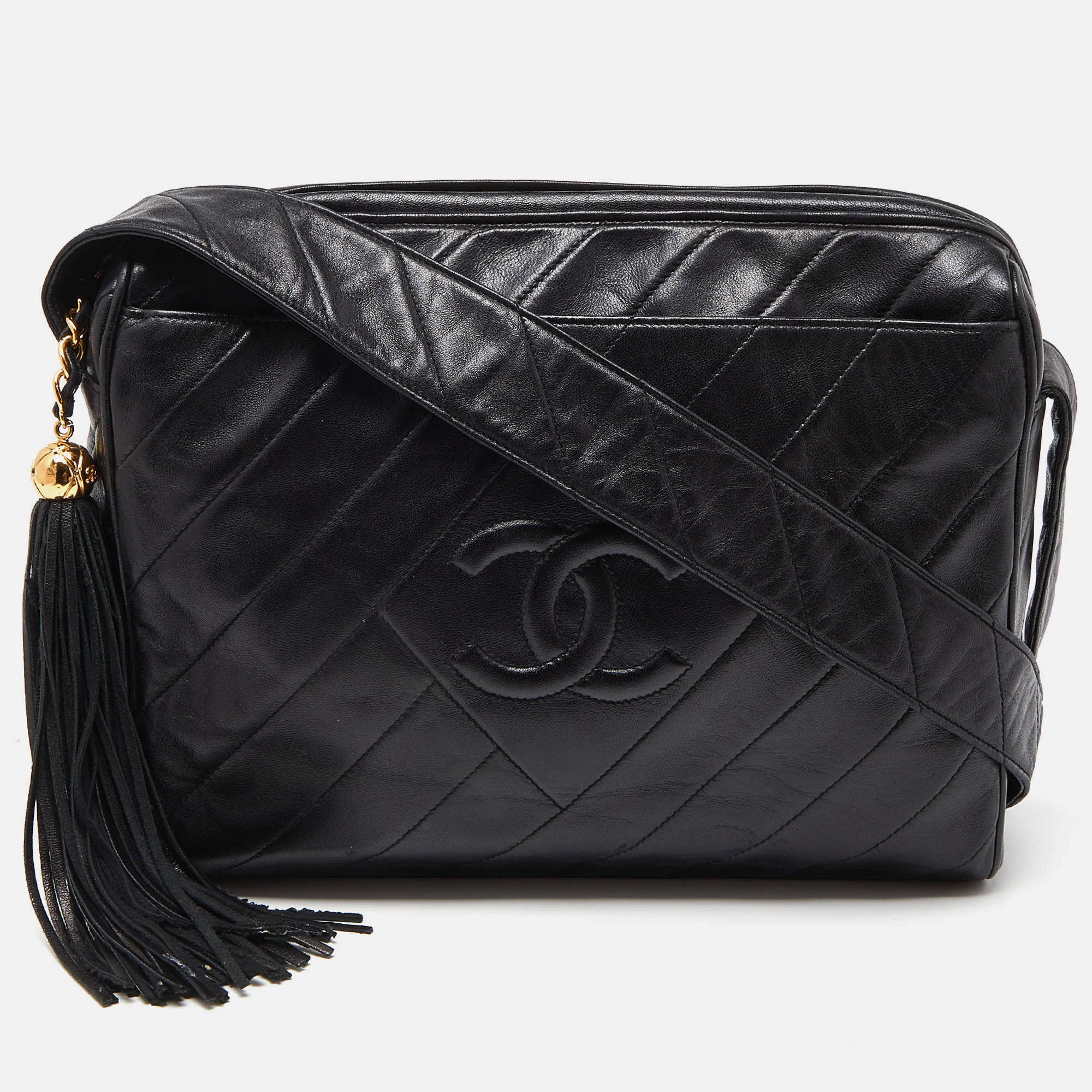 

Chanel Black Lambskin Leather Vintage CC Tassel Crossbody Bag