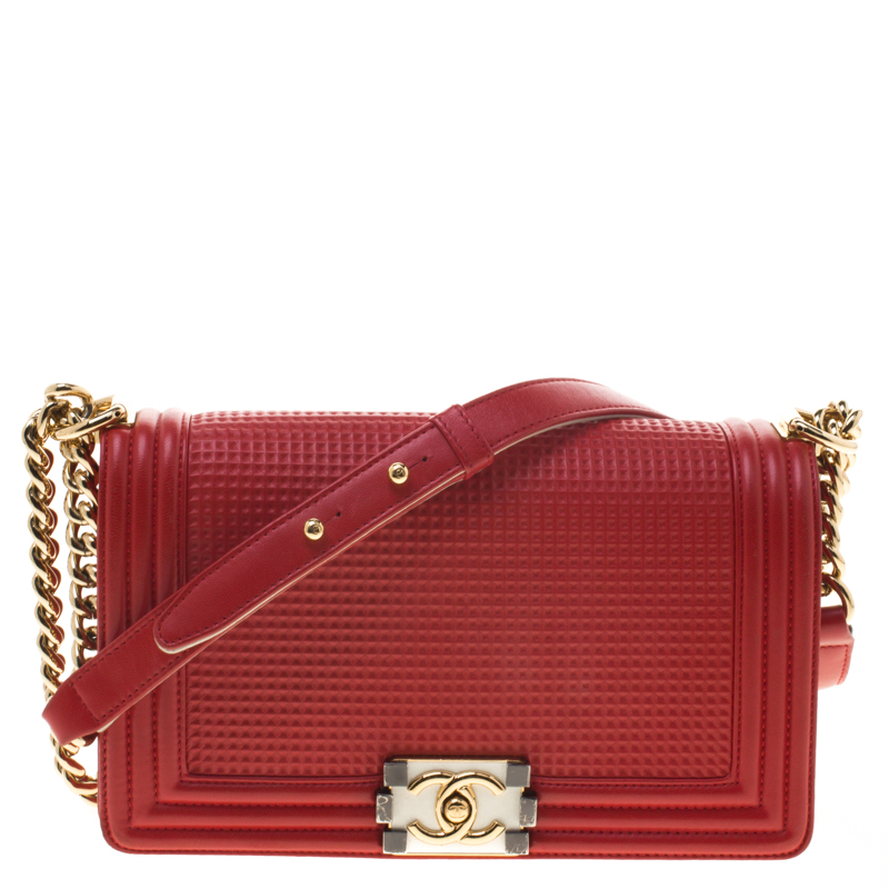 Chanel Red Cube Embossed Leather Medium Boy Bag