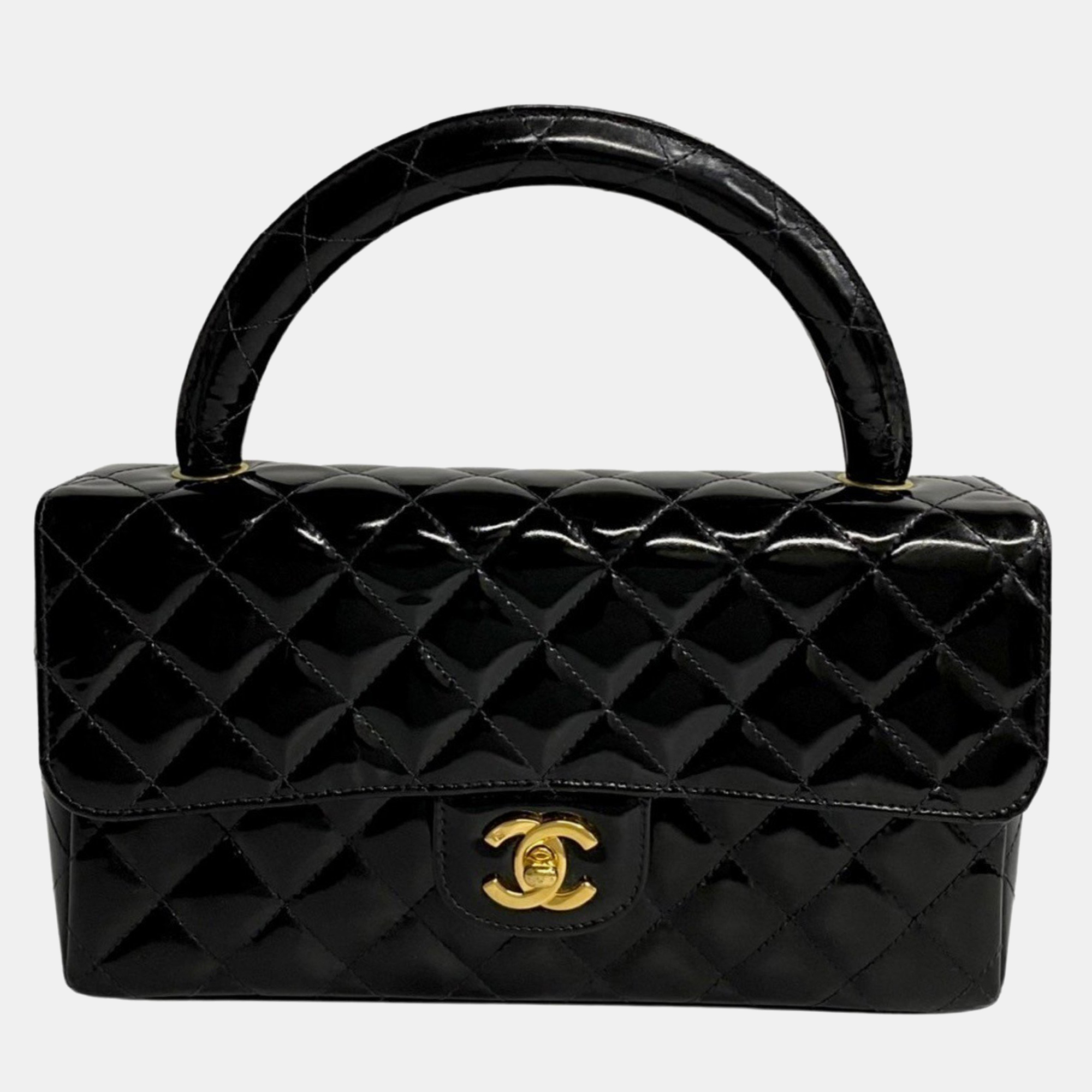 

Chanel Black Patent Leather Quilted Top Handle Bag