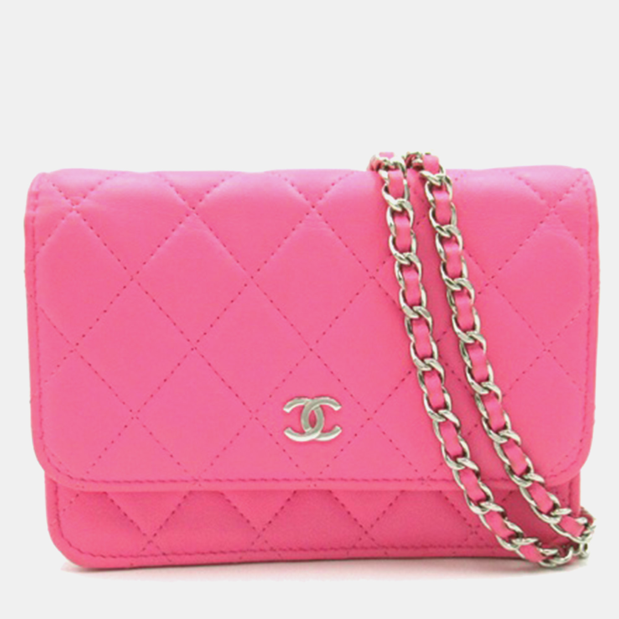 Pre-owned Chanel Pink Quilted Leather Cc Wallet On Chain