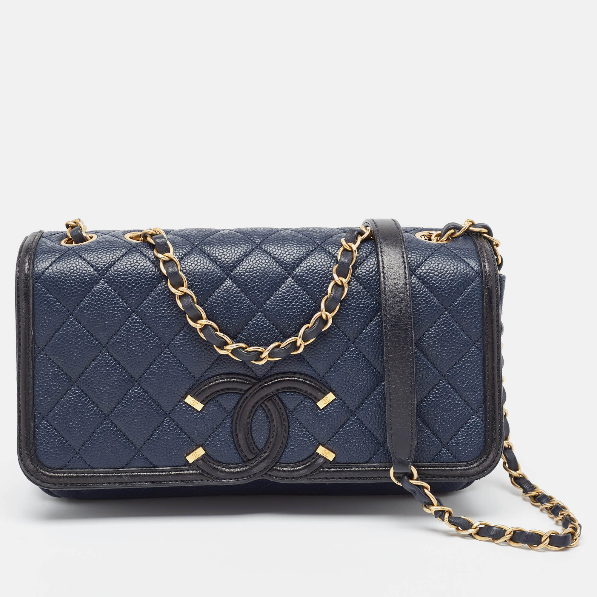 Pre-owned Chanel Navy Blue/black Caviar Leather Medium Cc Filigree Flap Bag