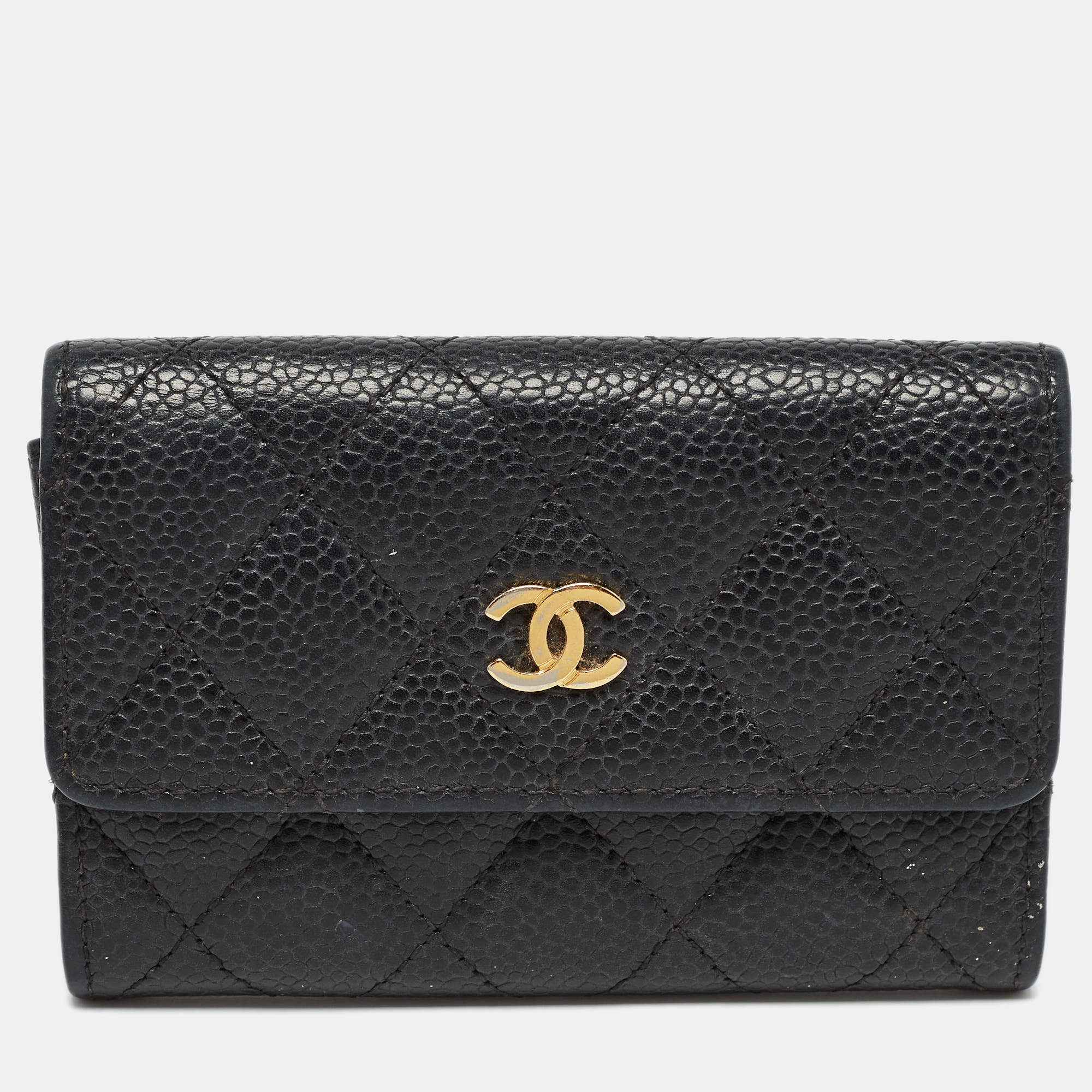 Pre-owned Chanel Black Caviar Quilted Leather Cc Flap Card Case