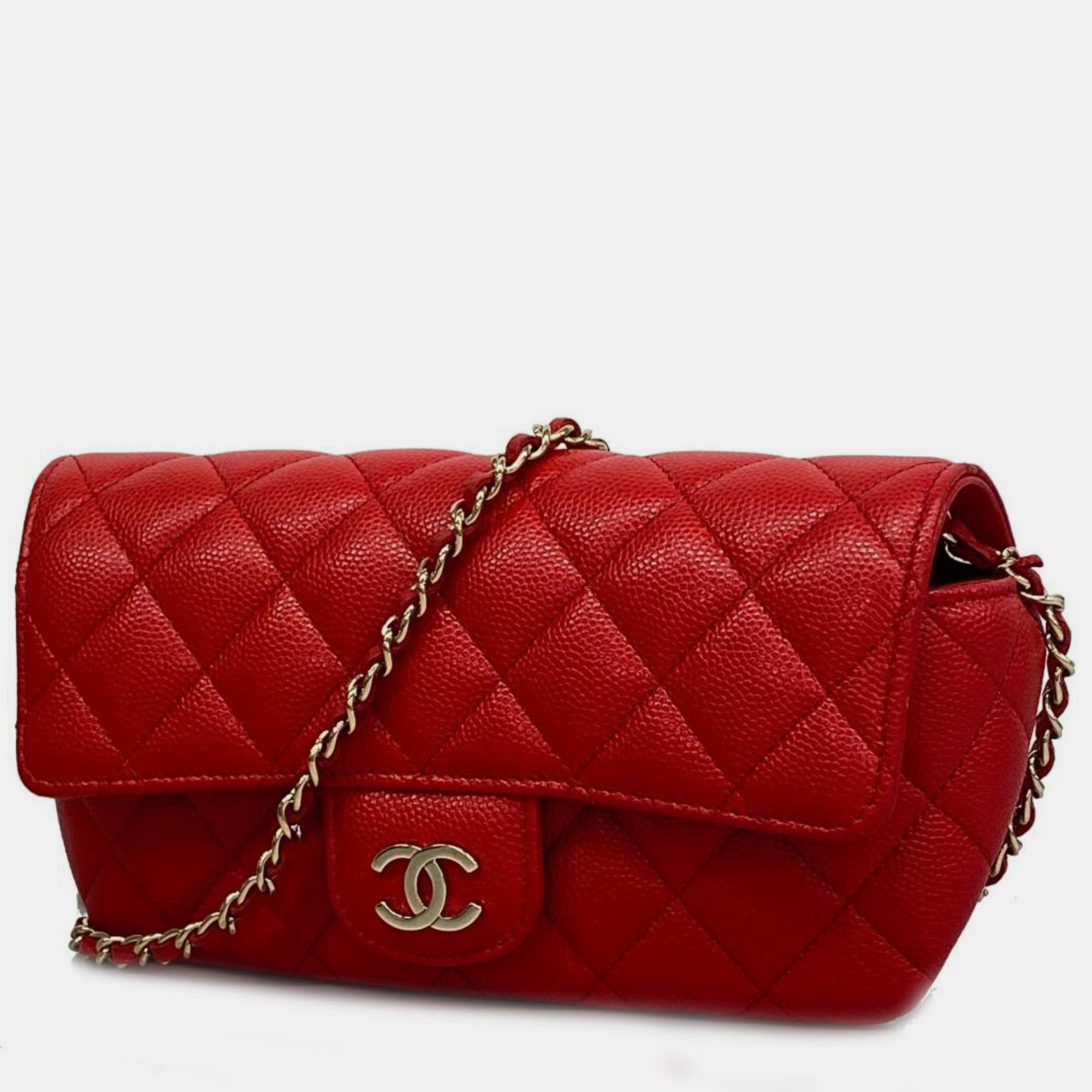 Pre-owned Chanel Red Caviar Quilted Glasses Case With Chain