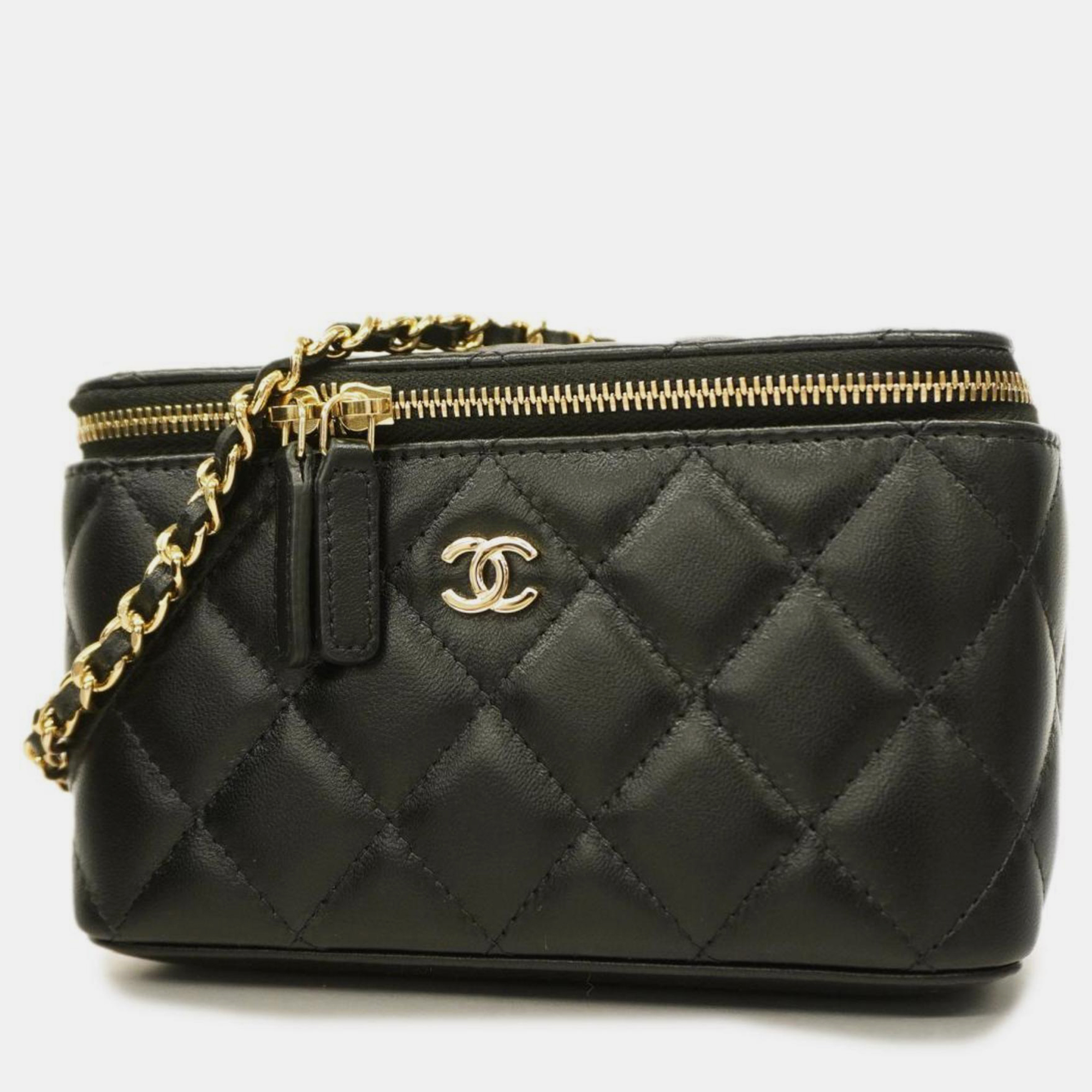 

Chanel Quilted Lambskin Small Sweet Camellia Adjustable Chain Vanity Case with Chain, Black