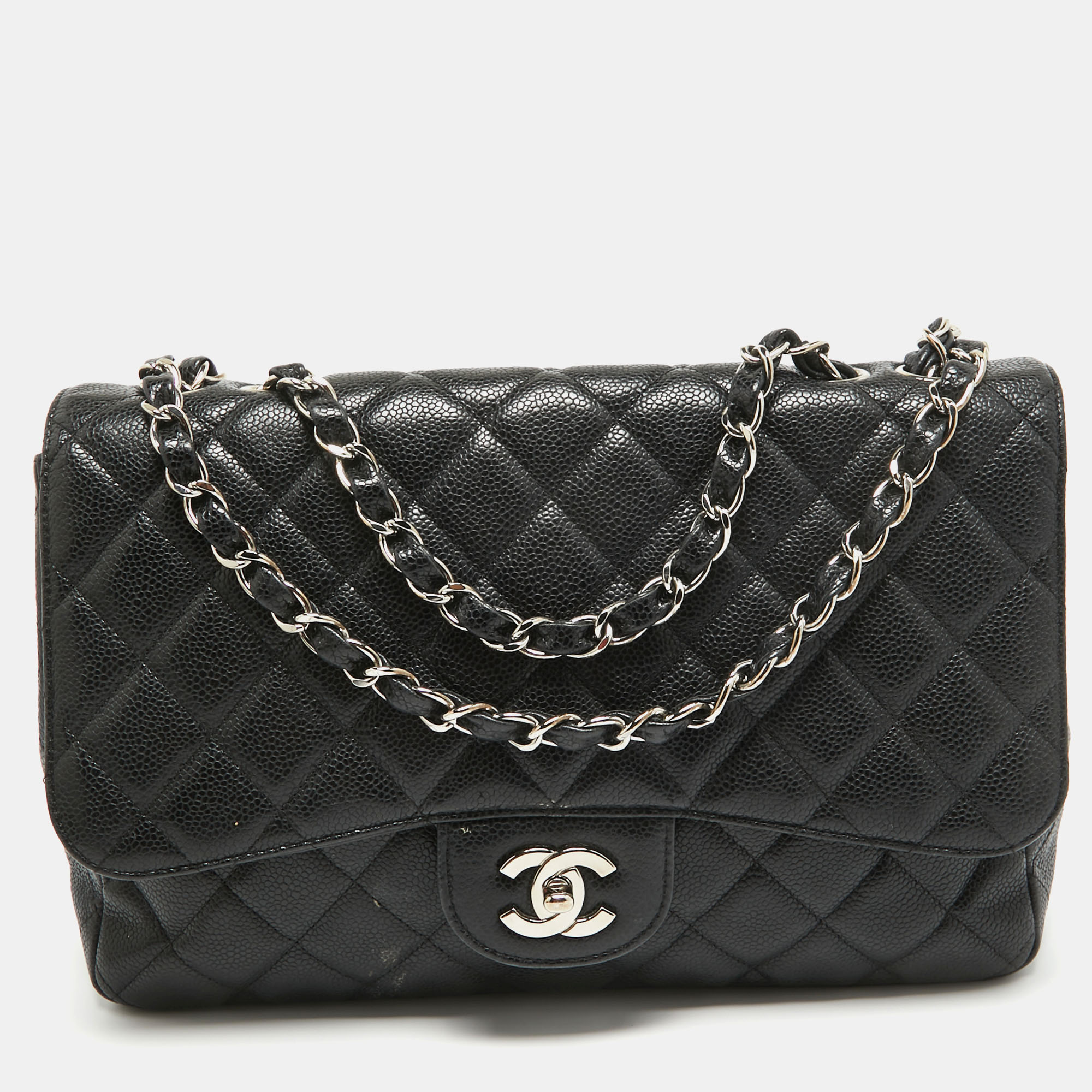 

Chanel Black Quilted Caviar Leather Jumbo Classic Single Flap Bag