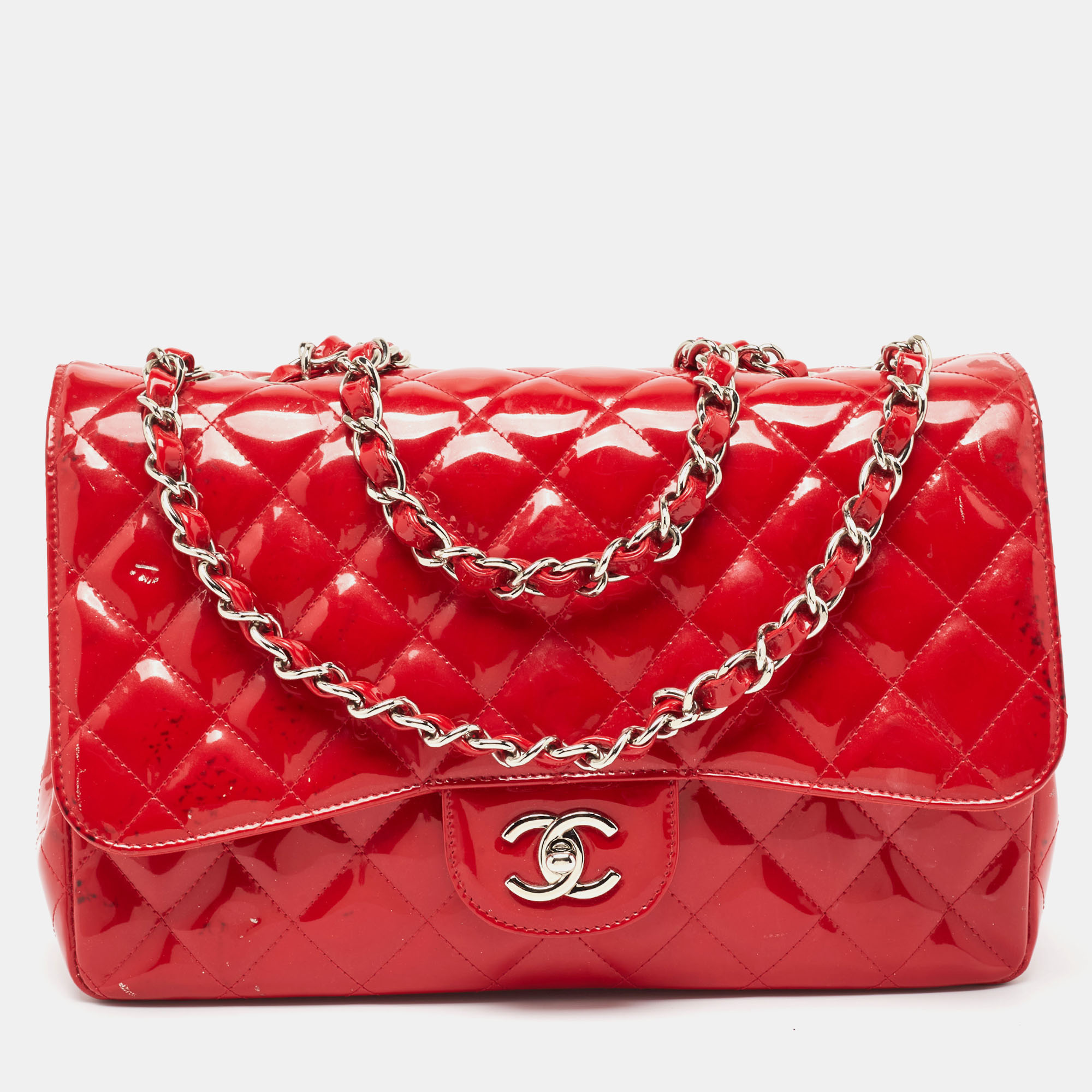 

Chanel Red Quilted Patent Leather Jumbo Classic Single Flap Bag