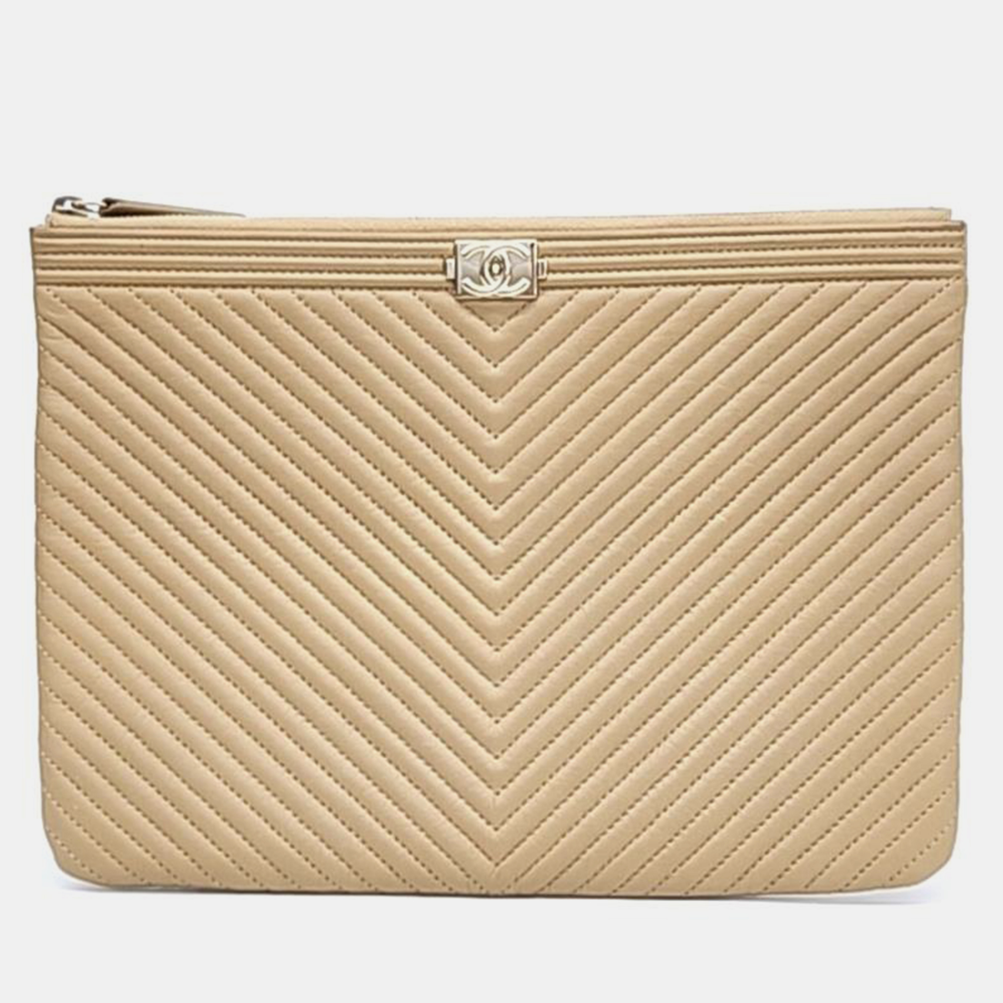 

Chanel Brown Leather Chevron Boy Medium Clutch Bag, Beige