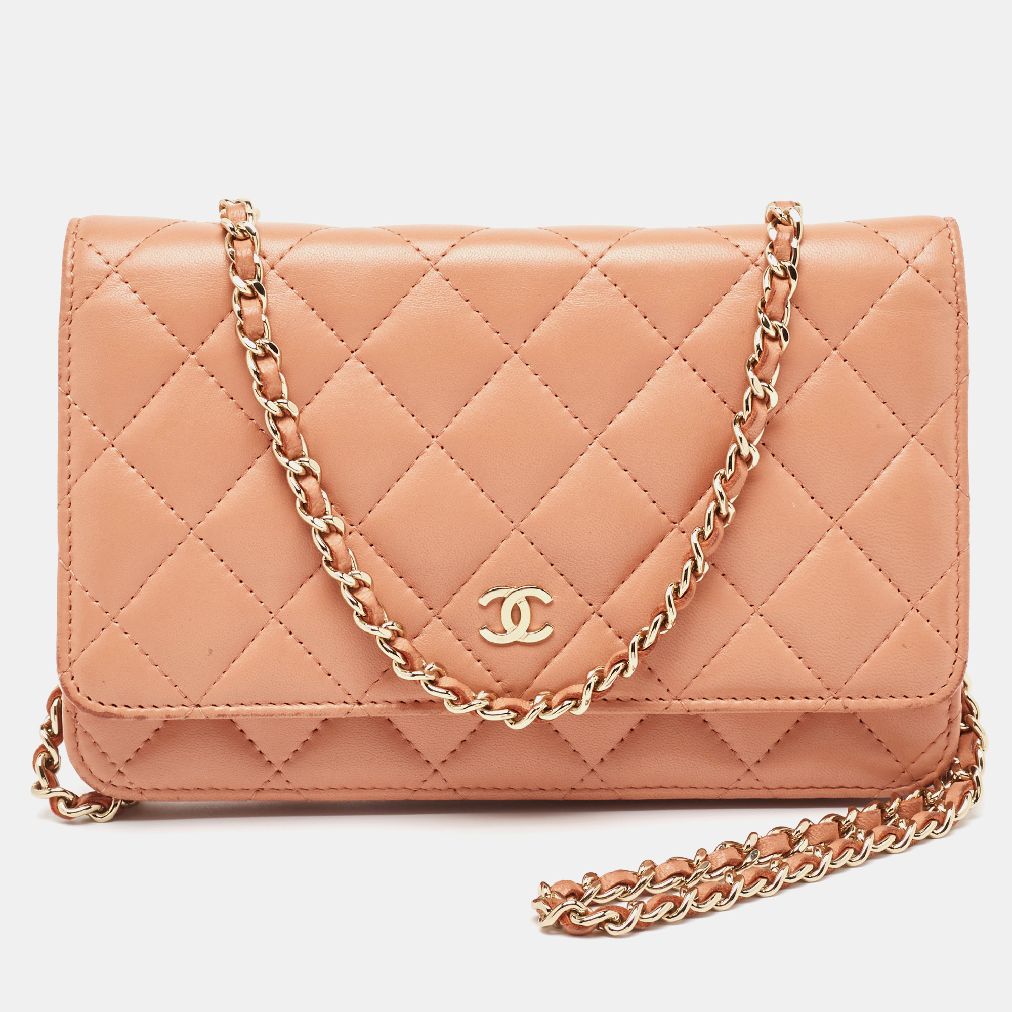 Pre-owned Chanel Peach Pink Quilted Leather Classic Wallet On Chain