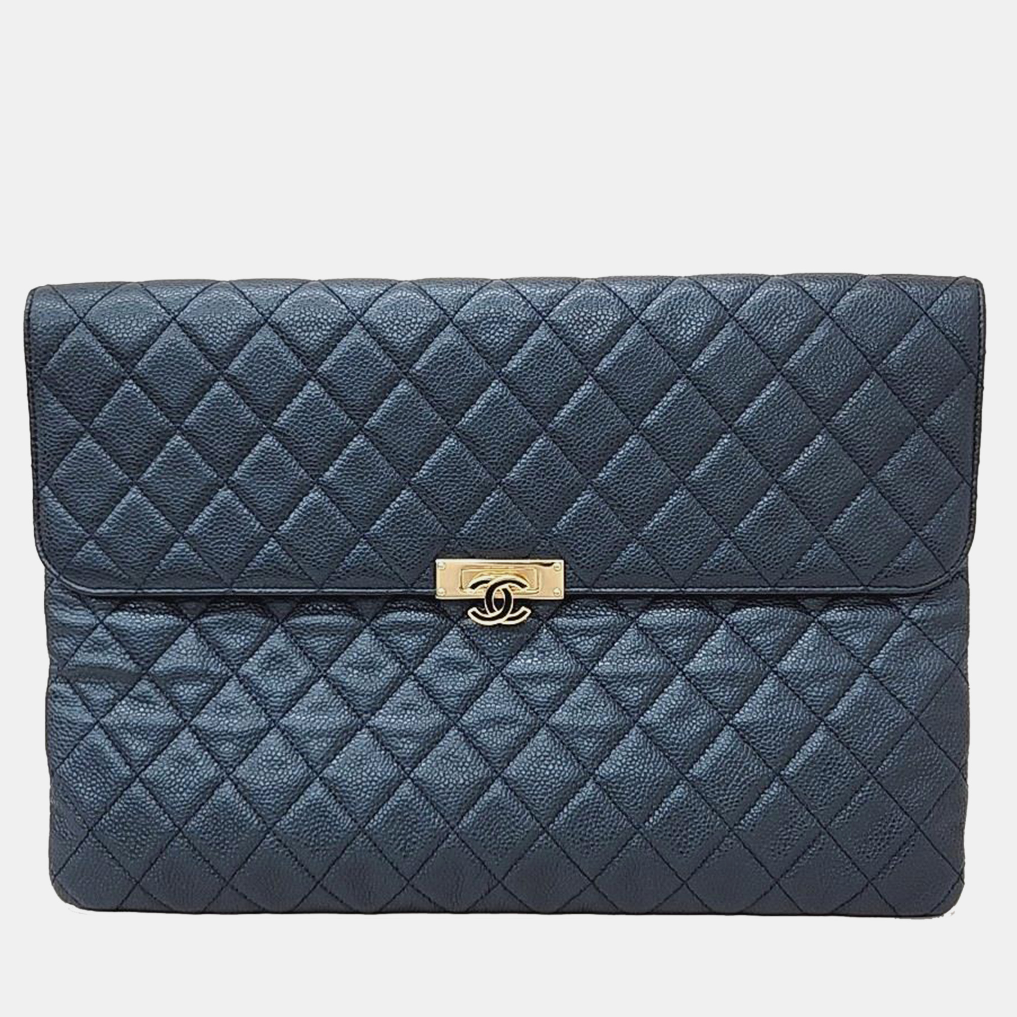 Pre-owned Chanel Caviar Flap Large Clutch In Blue