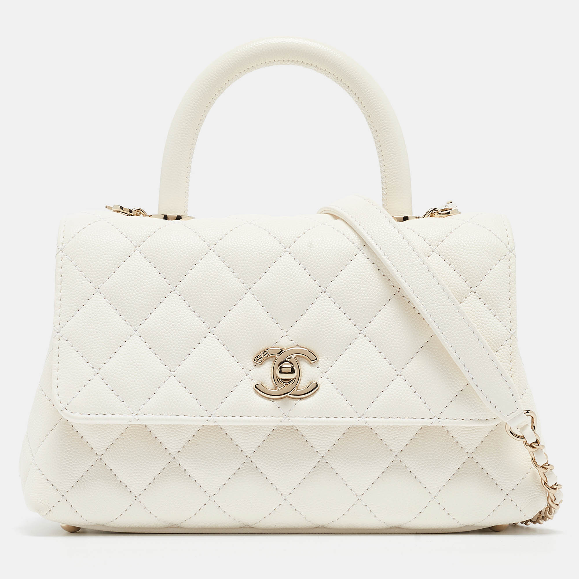 

Chanel White Quilted Caviar Leather Mini Coco Top Handle Bag