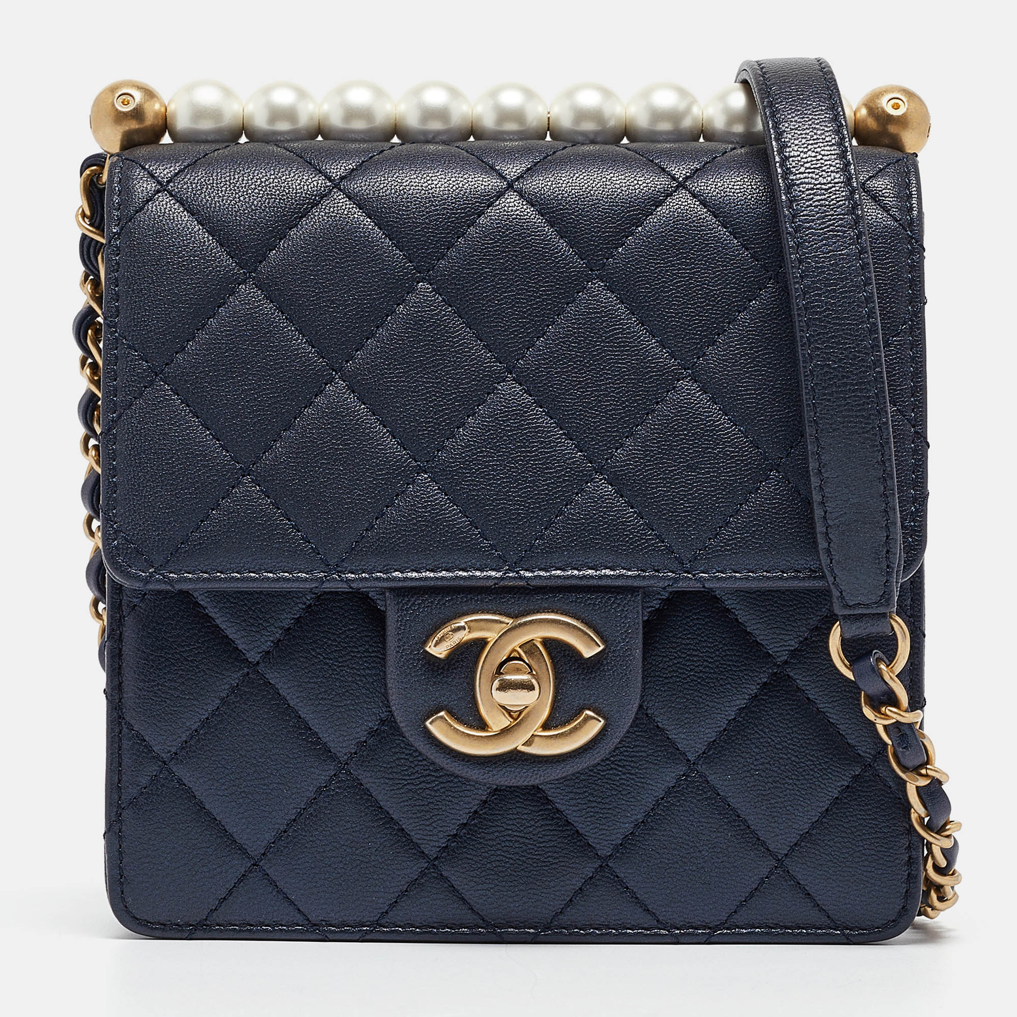 

Chanel Navy Blue Quilted Leather Chic Pearls Flap Bag