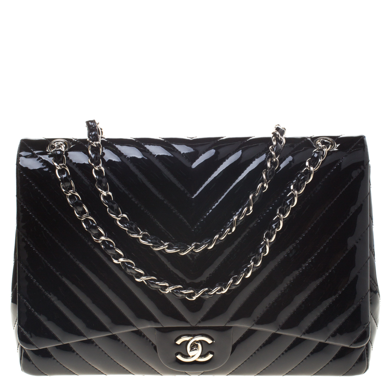 Chanel Black Chevron Patent Leather Classic Single Flap Bag